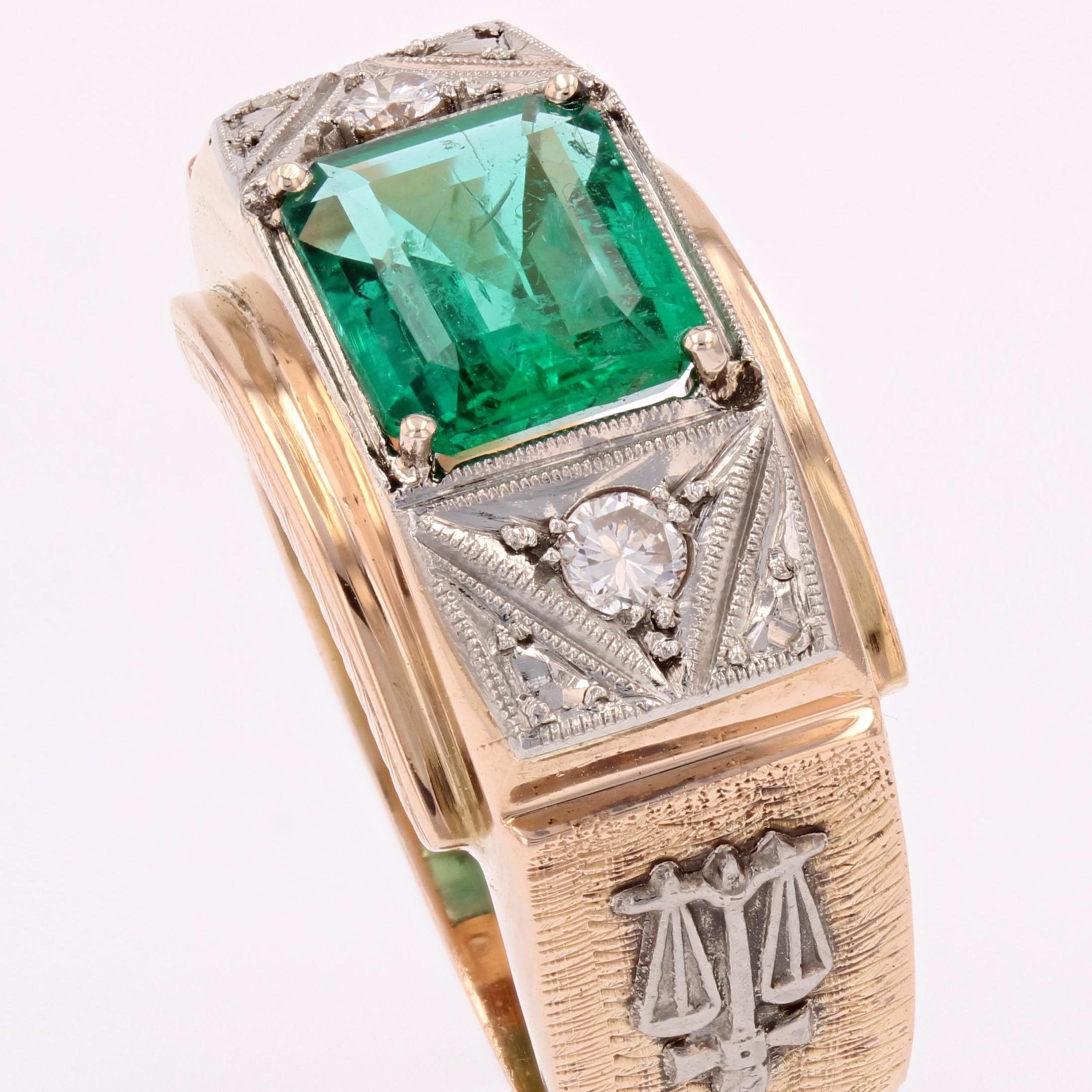 1960s Minor Emerald Diamonds 18 Karat Rose Gold Platinum Justice Ring 3
