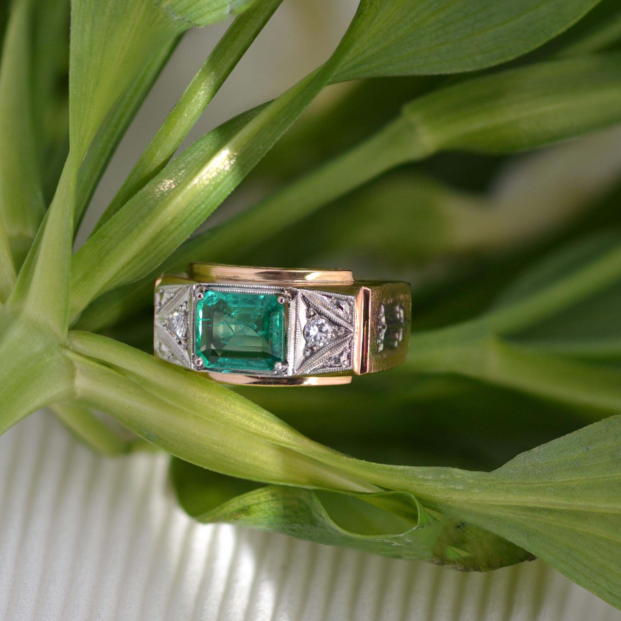 1960s Minor Emerald Diamonds 18 Karat Rose Gold Platinum Justice Ring 7