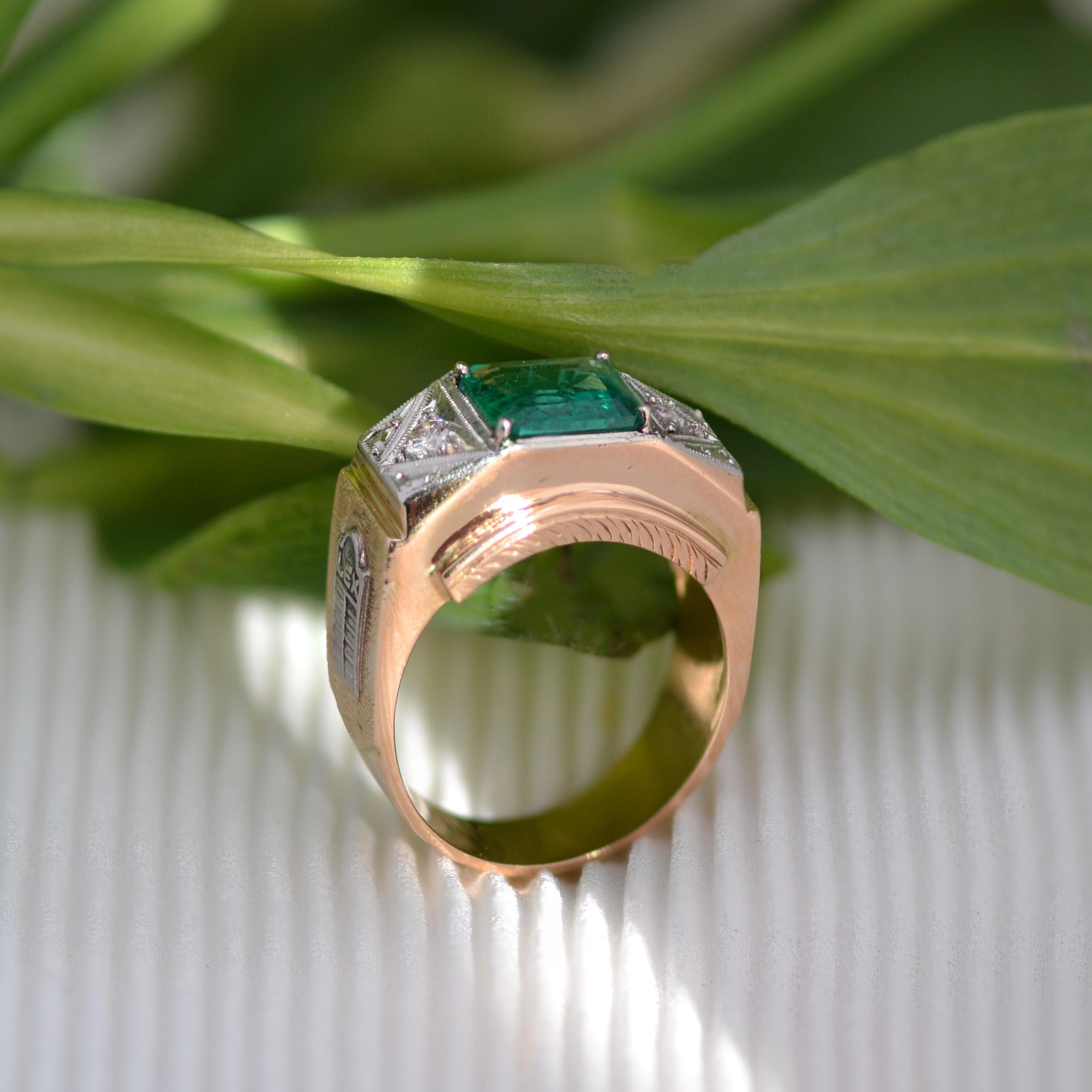 1960s Minor Emerald Diamonds 18 Karat Rose Gold Platinum Justice Ring 8