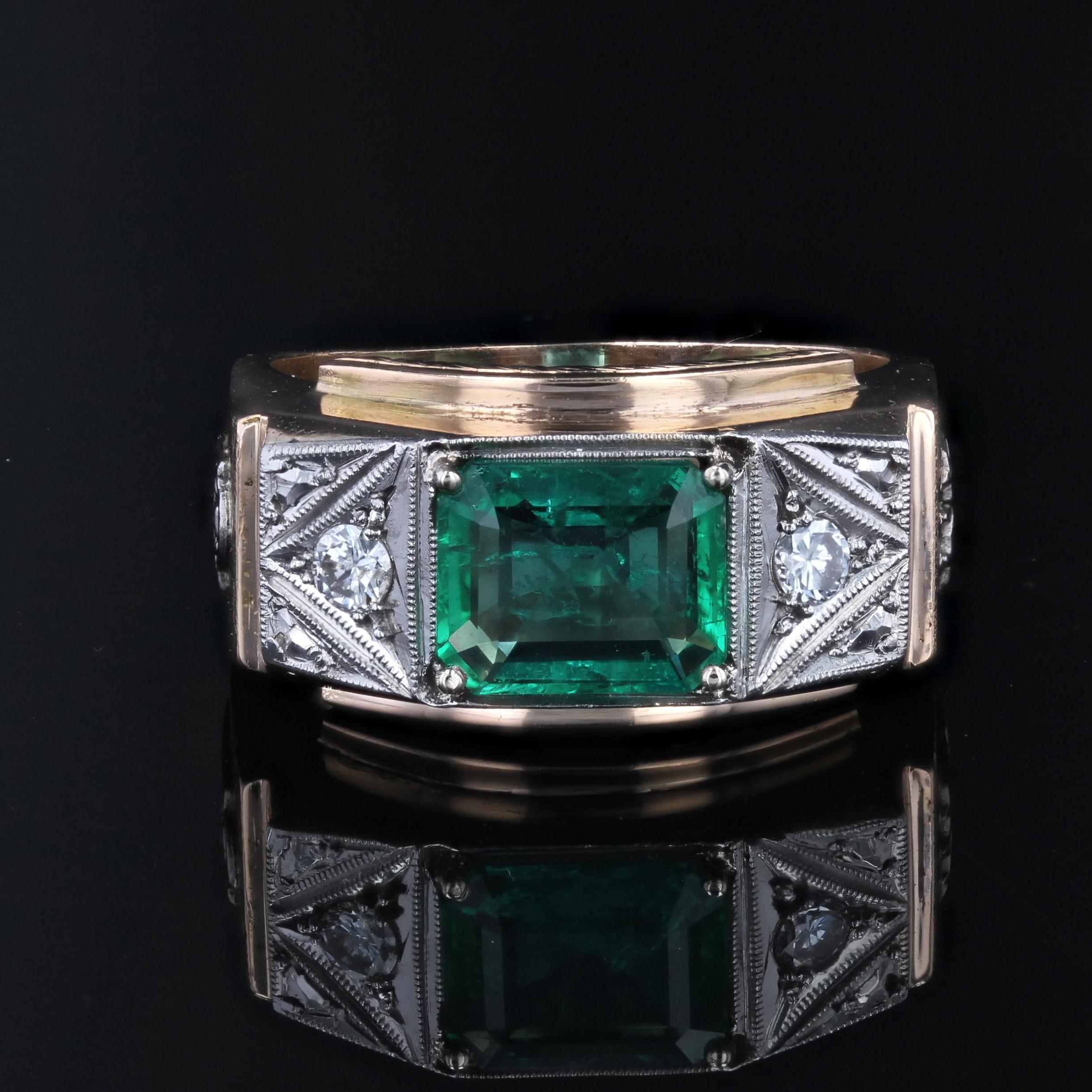 Emerald Cut 1960s Minor Emerald Diamonds 18 Karat Rose Gold Platinum Justice Ring