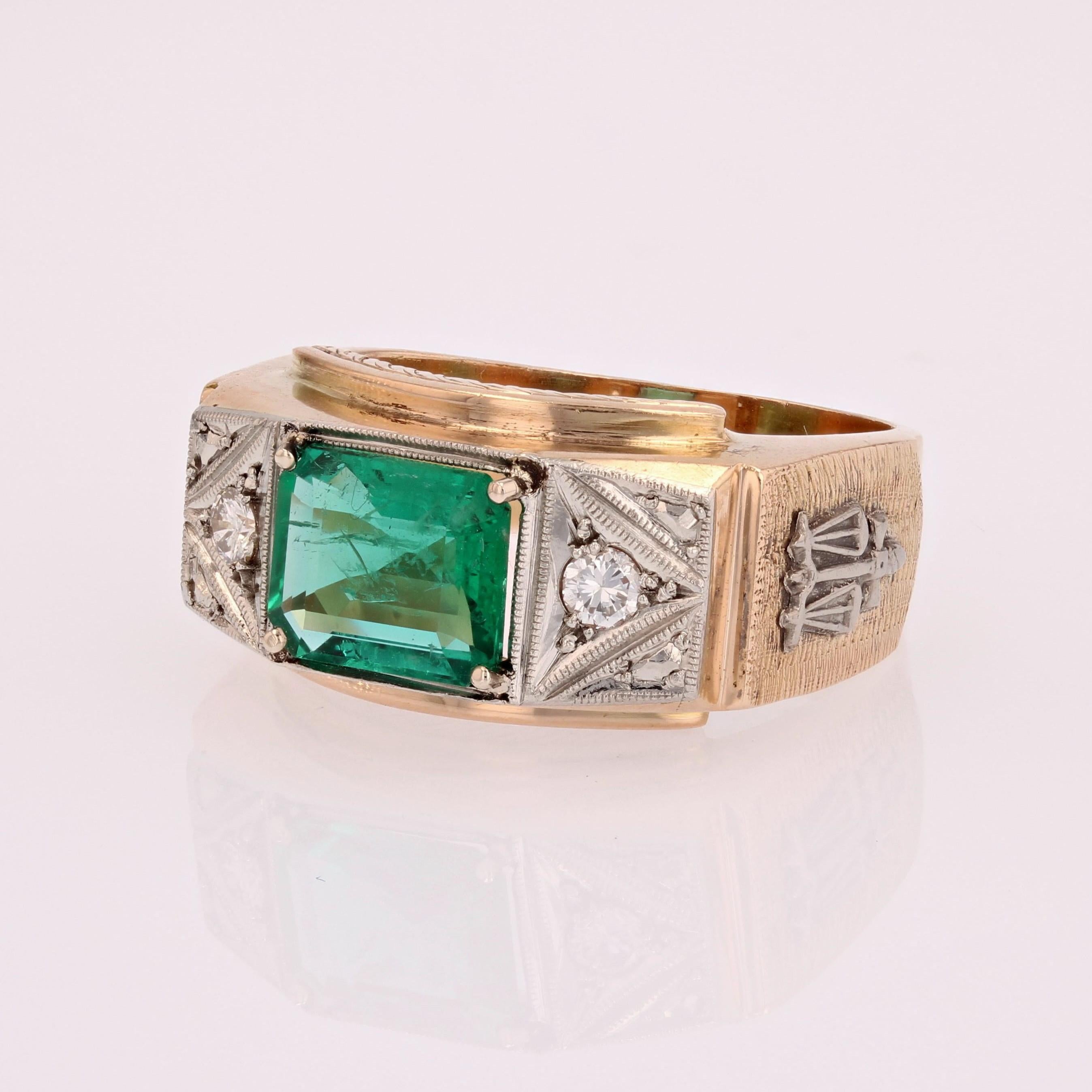 1960s Minor Emerald Diamonds 18 Karat Rose Gold Platinum Justice Ring 2