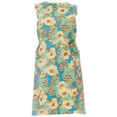 Abito mod anni '60 in rayon floreale blu menta con cintura a fascia