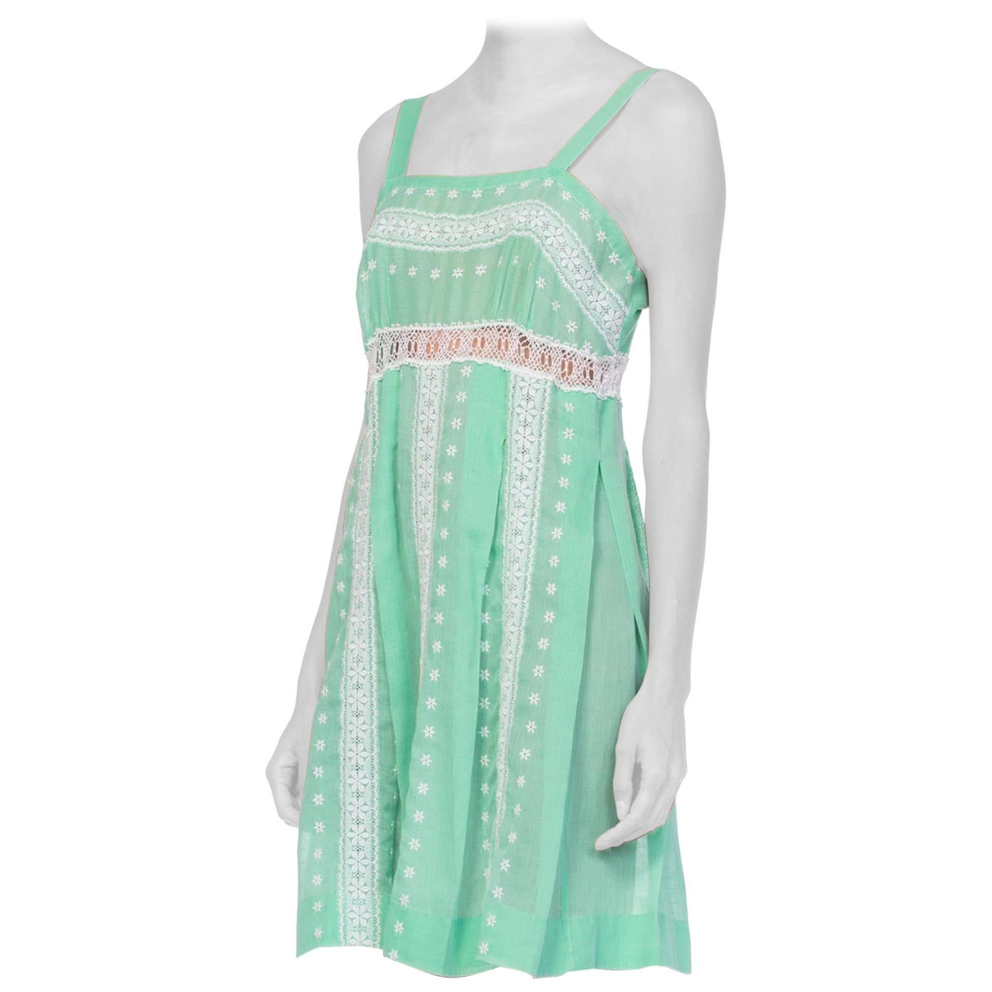 1960S Mint Green Cotton Blend Dress With Eyelet Lace Style Embroidery For Sale