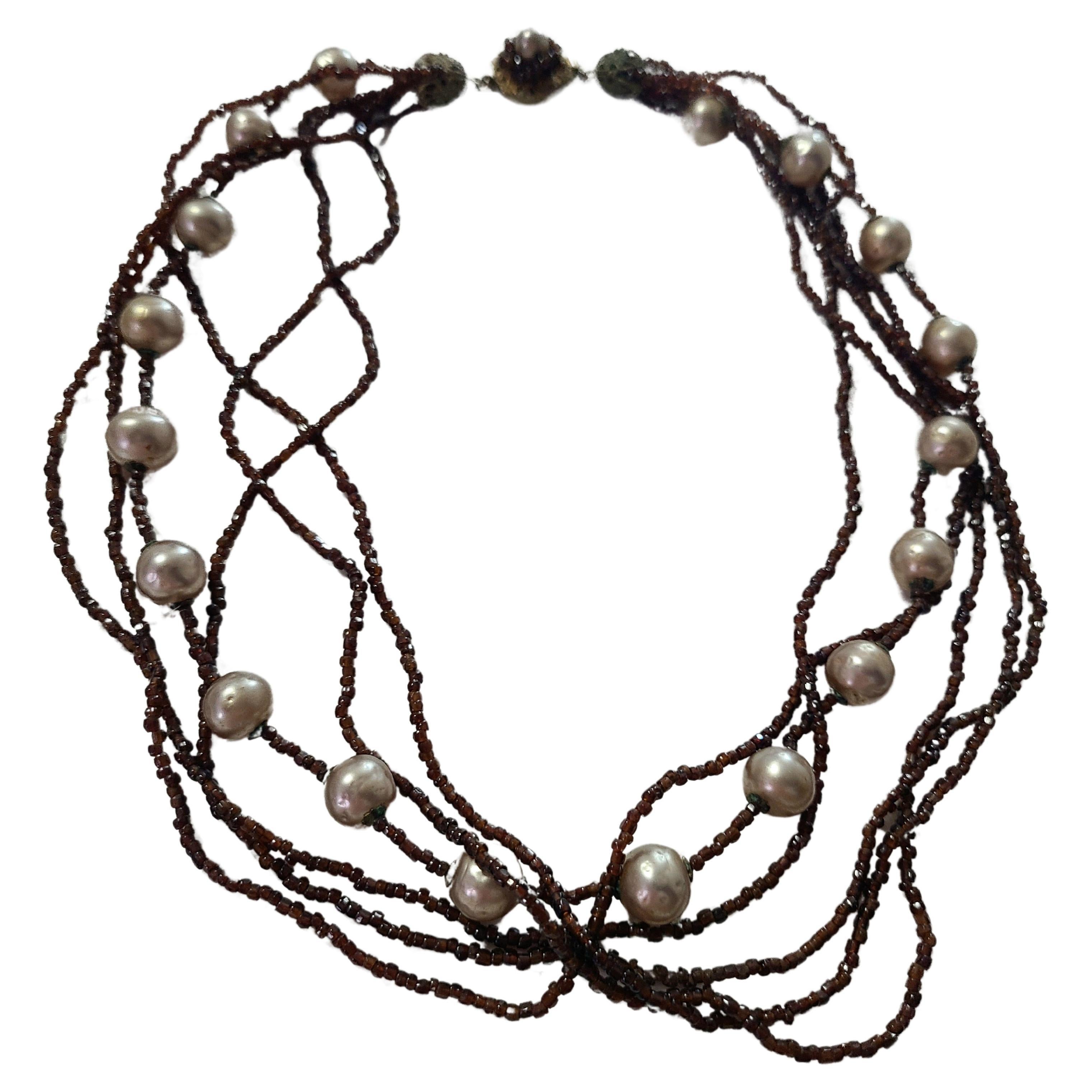 1960s Miriam Haskell Espresso Glass Bead & Baroque Pearl Multi Strand Necklace