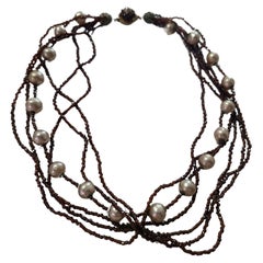 Used 1960s Miriam Haskell Espresso Glass Bead & Baroque Pearl Multi Strand Necklace