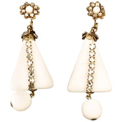 1960s Miriam Haskell White Rhinestone Earrings