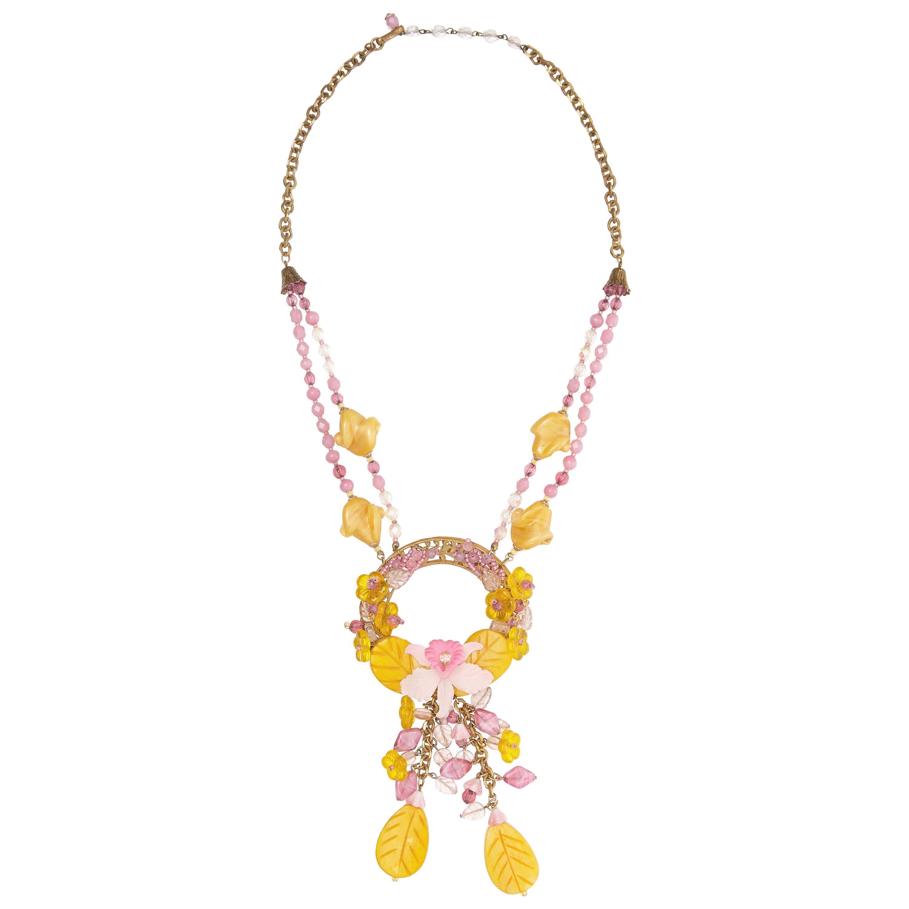 1960s Miriam Haskell Yellow and Pink Glass Orchid Necklace For Sale