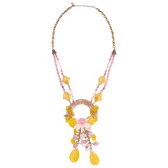 Vintage 1960s Miriam Haskell Yellow and Pink Glass Orchid Necklace