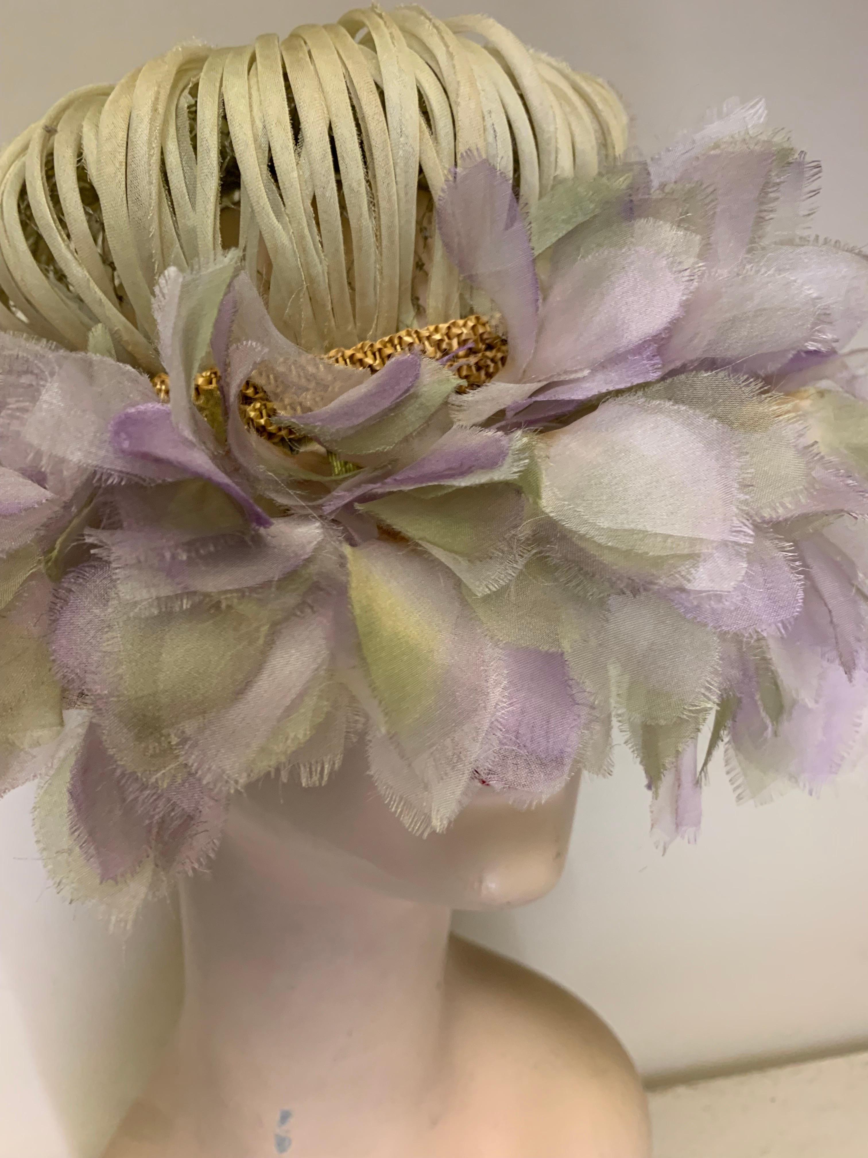 Brown 1960s Miss Alice Cool Lavender Floral Brim and Stem Crown Bouquet Hat  For Sale