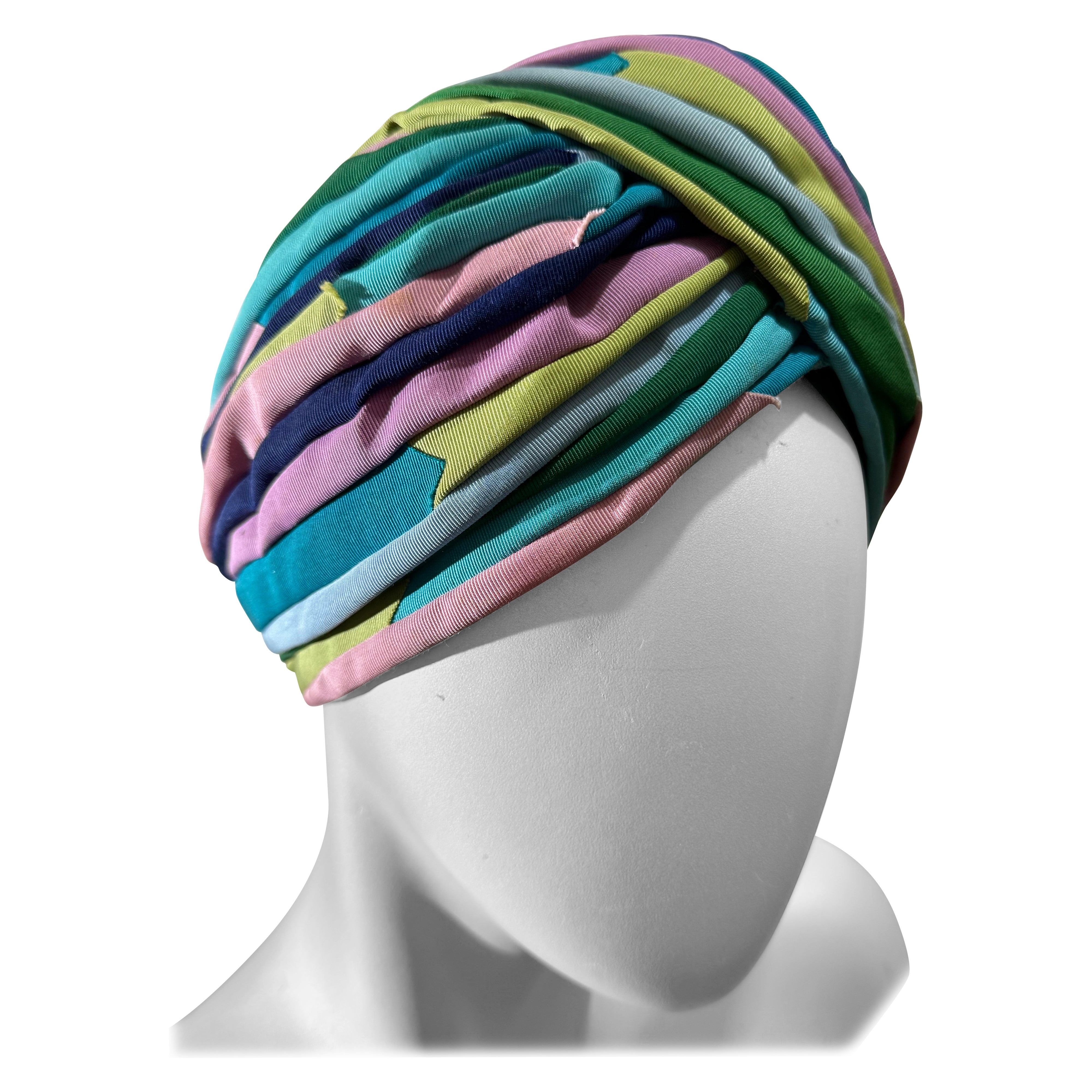 1960s Miss Dior Spring/Summer Aqua Green 
Pink Striped Grosgrain Ribbon Turban in vendita