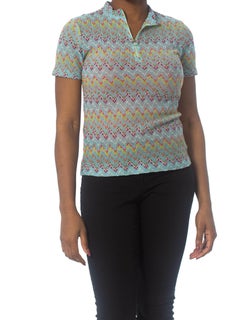 1960S MISSONI Style Baby Blue Rainbow Zig Zag Slub Knit Top