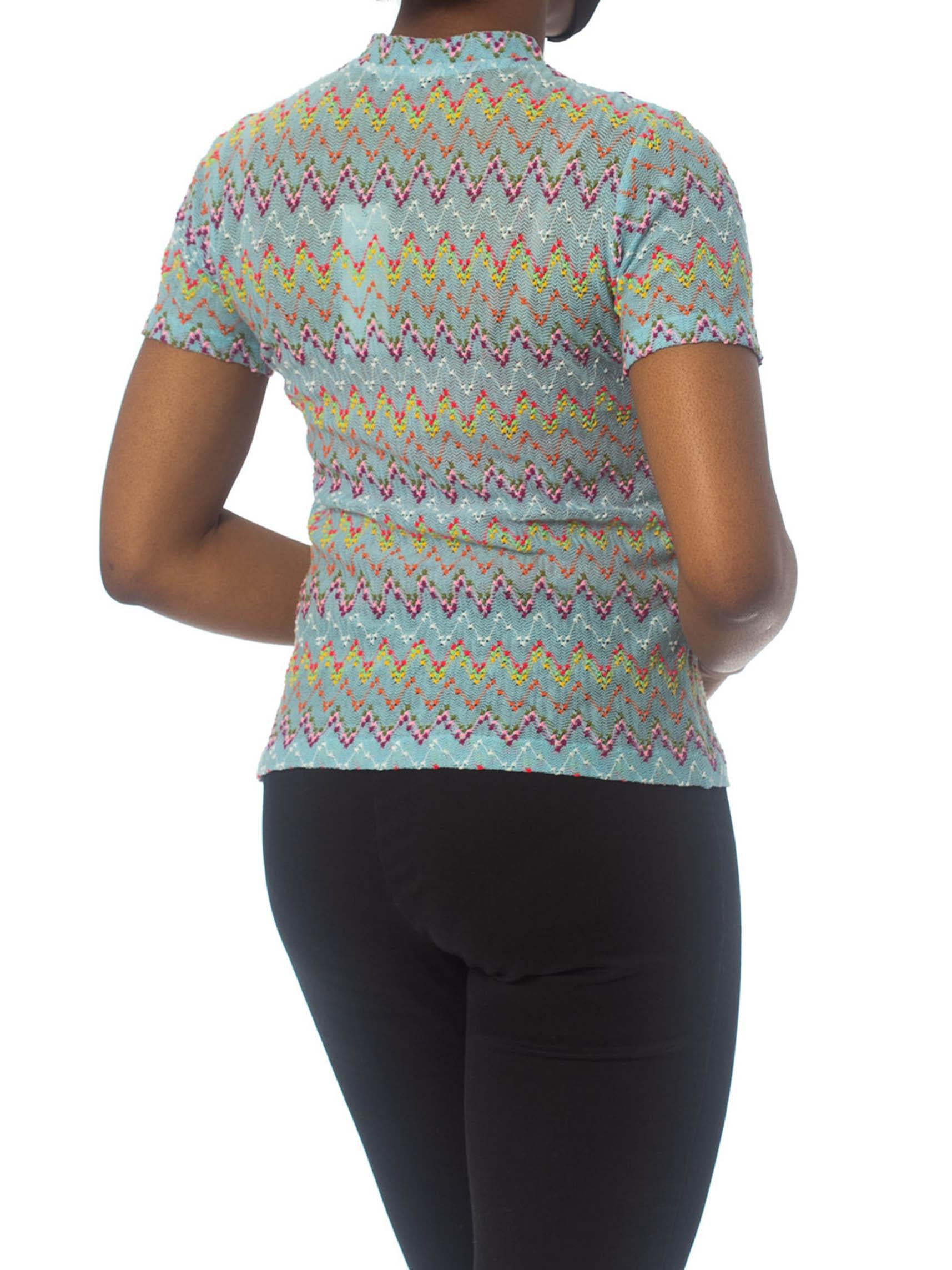 1960S MISSONI Style Baby Blue Rainbow Zig Zag Slub Knit Top In Excellent Condition In New York, NY