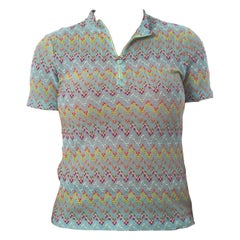 1960S MISSONI Style Baby Blue Rainbow Zig Zag Slub Knit Top