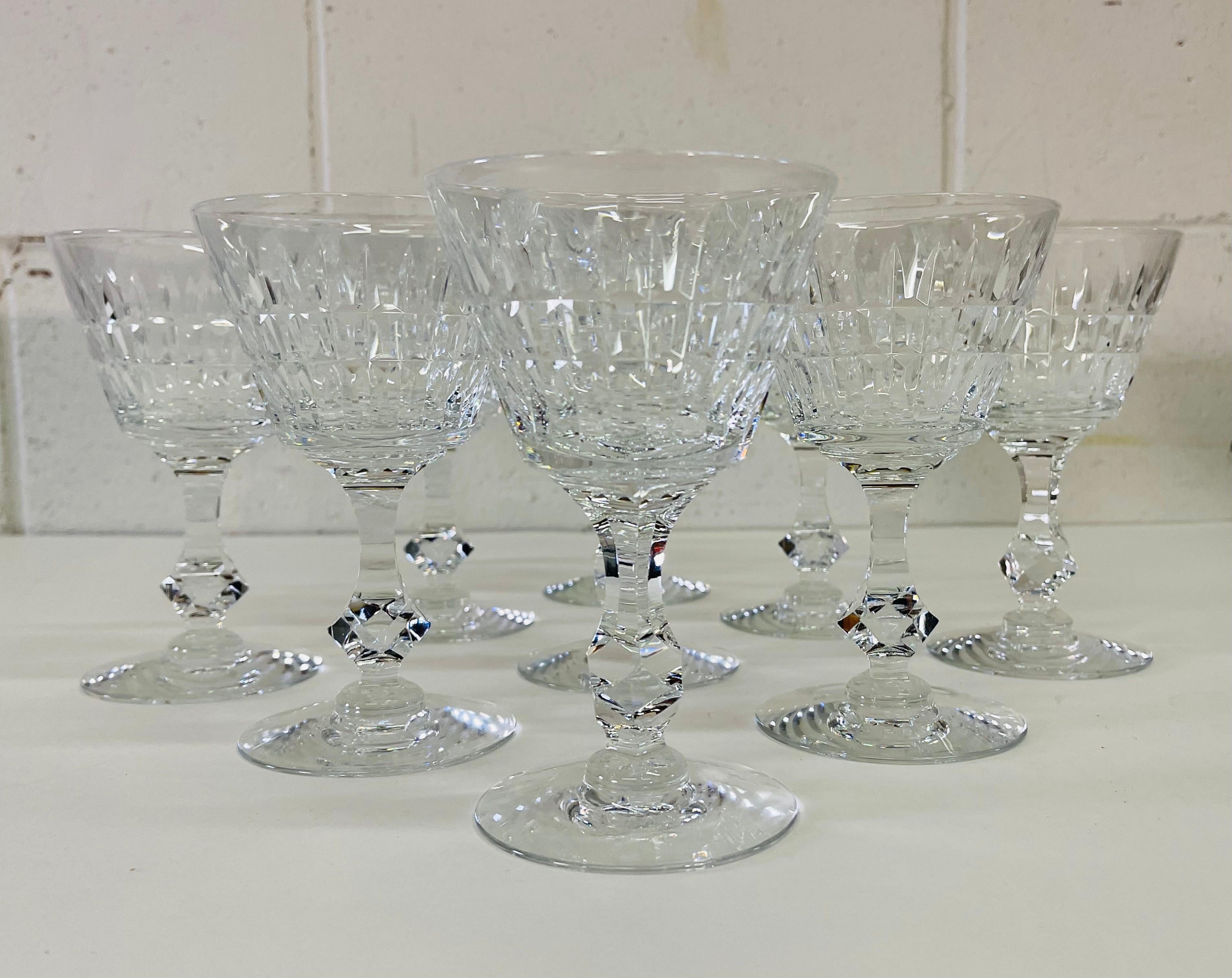 Mid-Century Modern 1960s Mitred Cut Crystal Glass Coupes, Set of 9 For Sale
