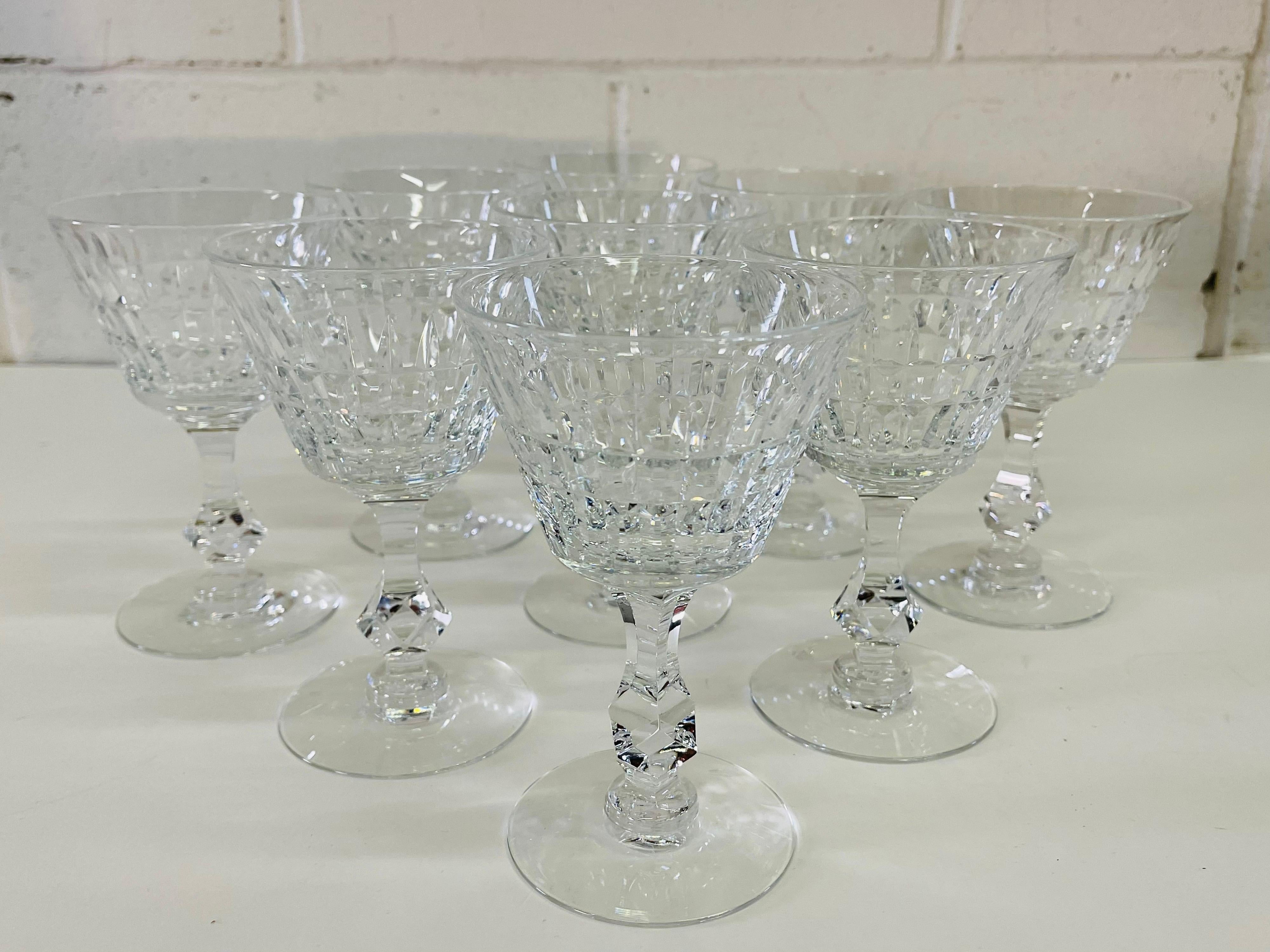 1960s Mitred Cut Crystal Glass Coupes, Set of 9 In Good Condition For Sale In Amherst, NH
