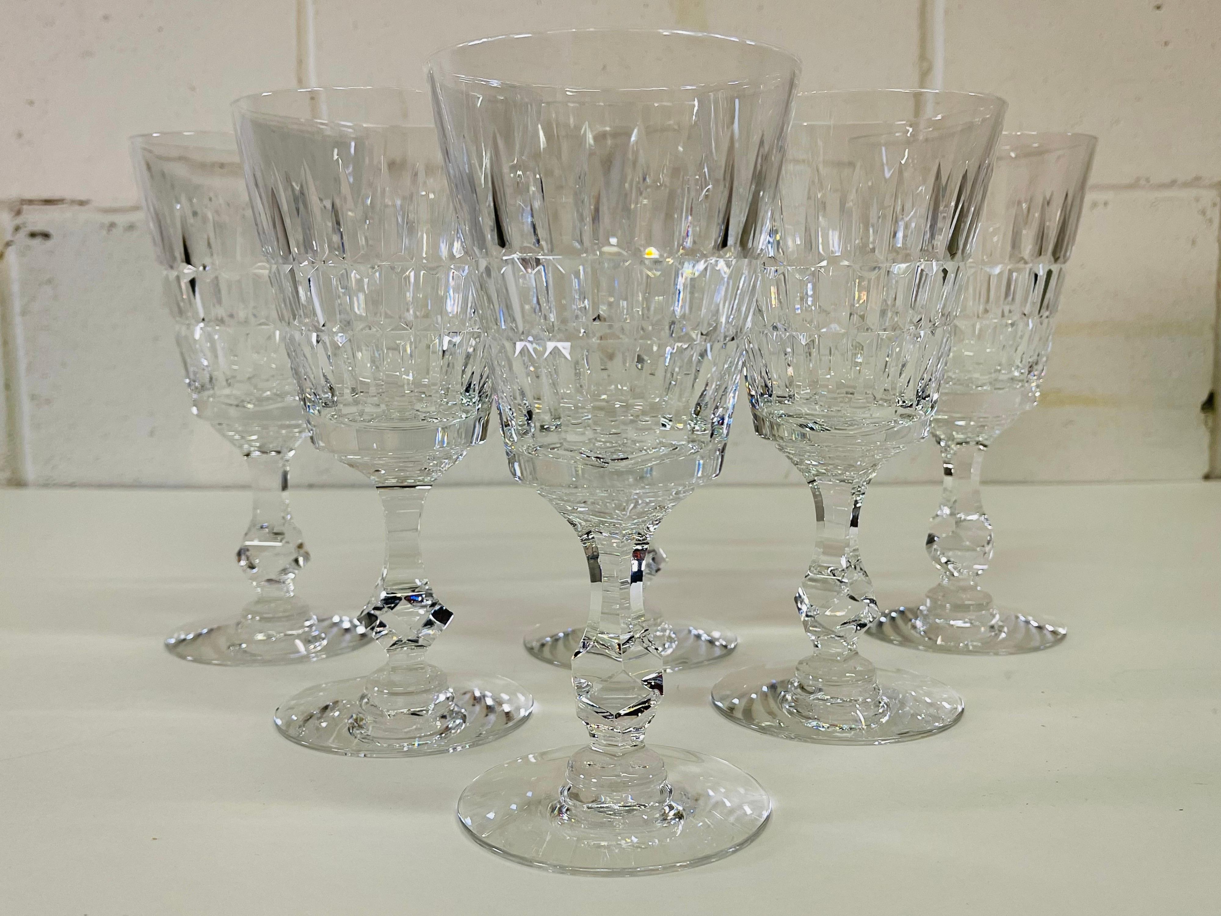 Vintage 1960s set if six heavy crystal mitred glass wine stems. No marks.