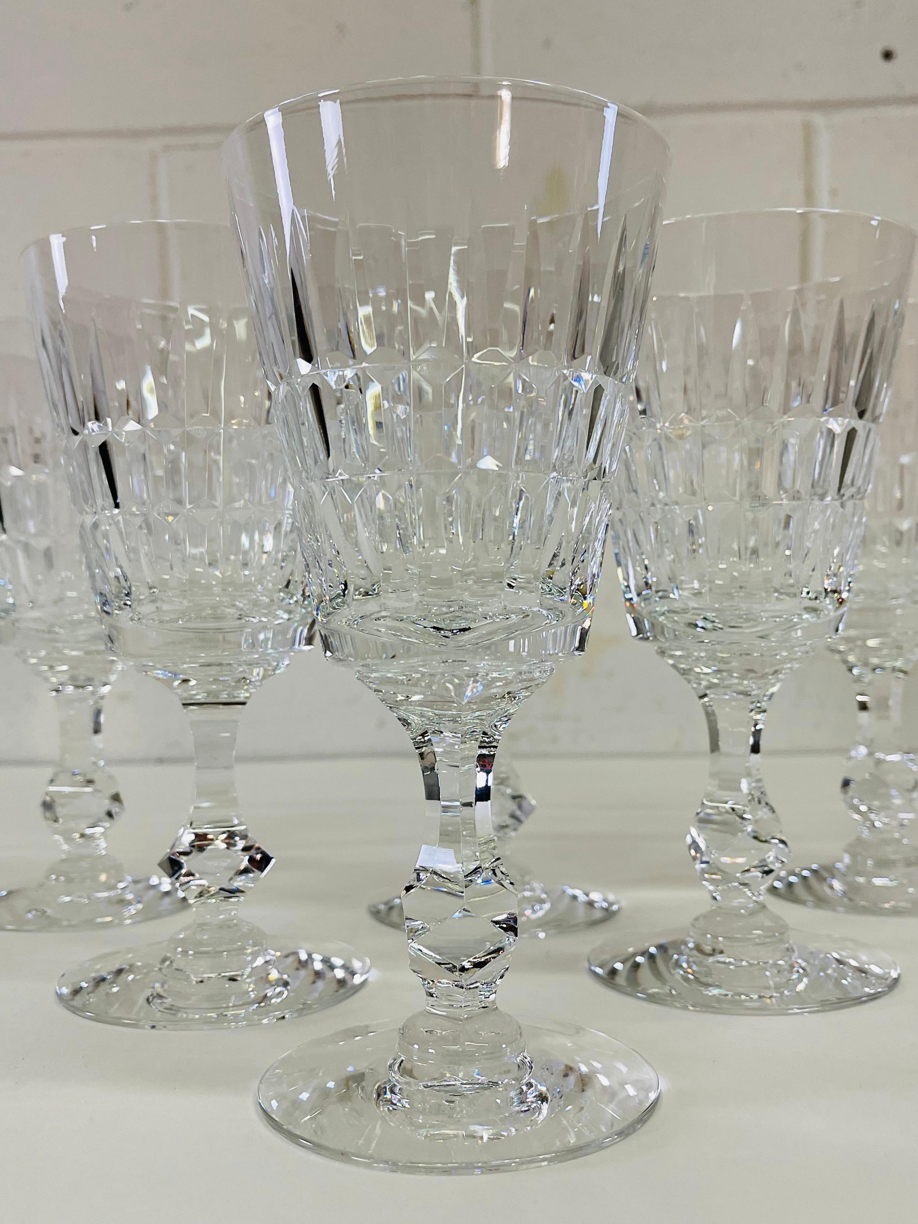 Mid-Century Modern 1960s Mitred Cut Crystal Glass Wine Stems, Set of 6 For Sale