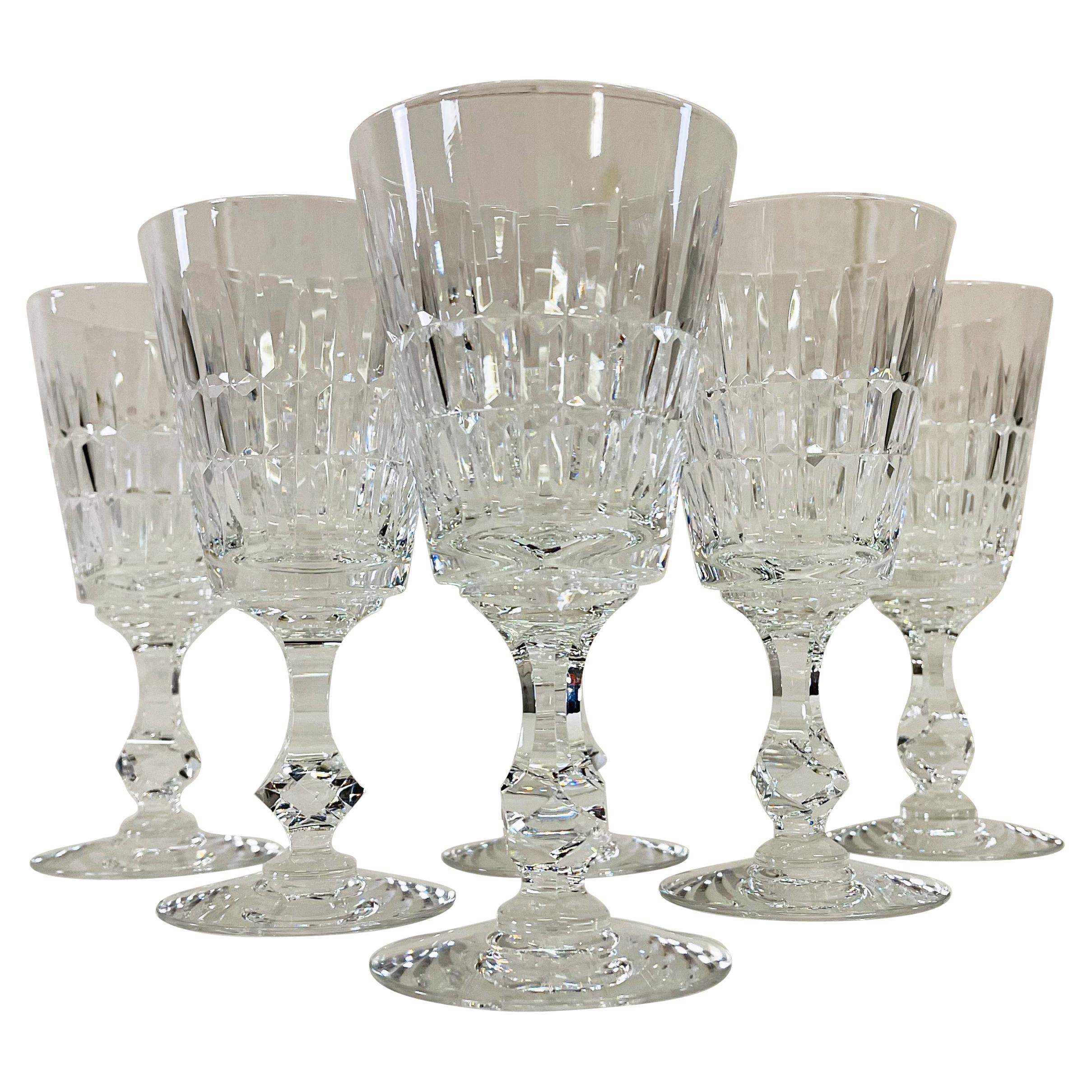 1960s Mitred Cut Crystal Glass Wine Stems, Set of 6 For Sale