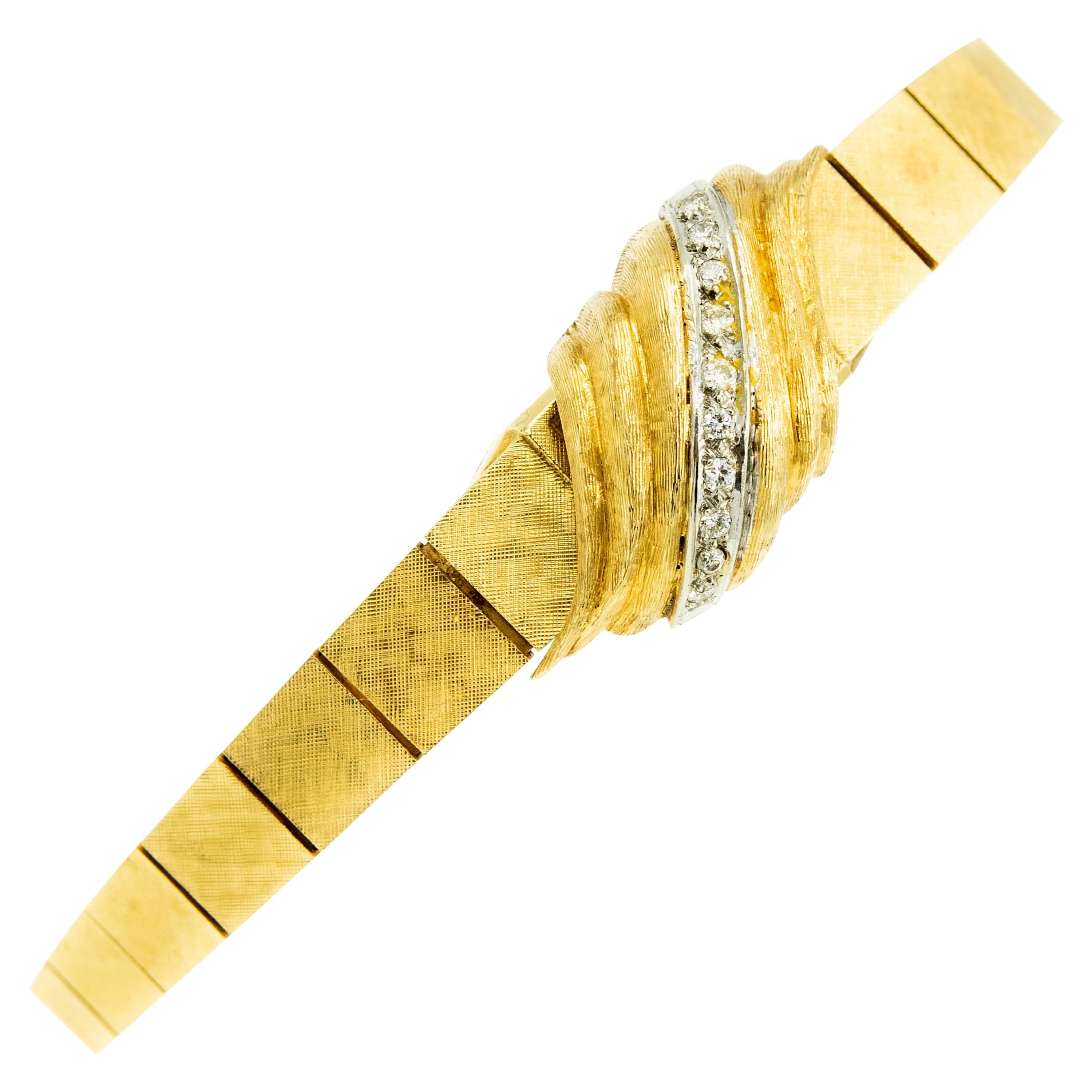 1960s Moba Diamond Florentine Finish Gold Covered Ladies Wristwatch Bracelet