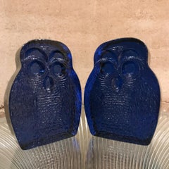 1960s Blenko Blue Glass Owl Bookends by Joel Myers Milton WV
