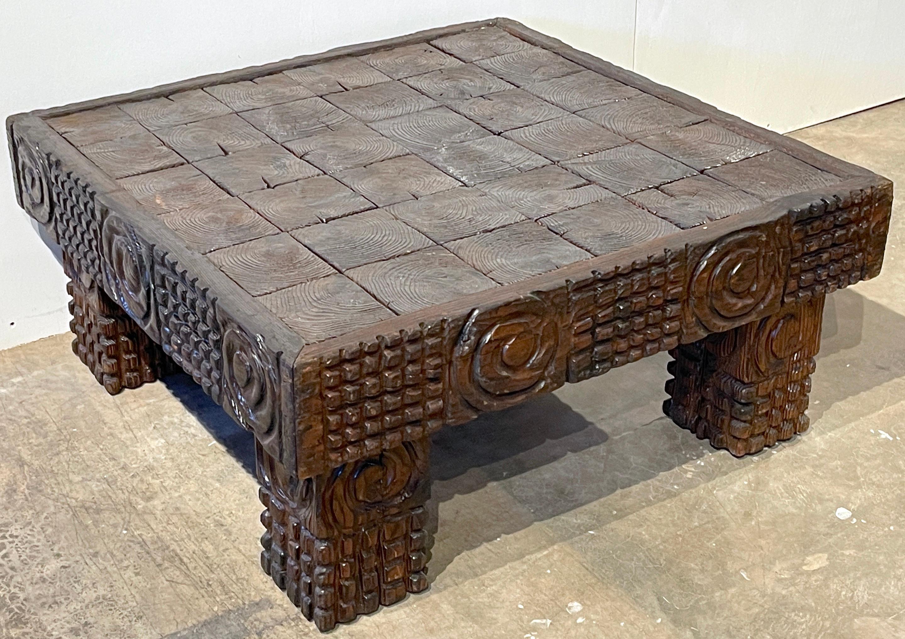 1960s Mod carved square coffee table, Witco Studio-William Westerhaver
USA, C. 1960s
A text book example of 1960s Modern design, of William Westerhaver's Witco Studio work. 
Beautifully constructed, with signature sculptural elements and