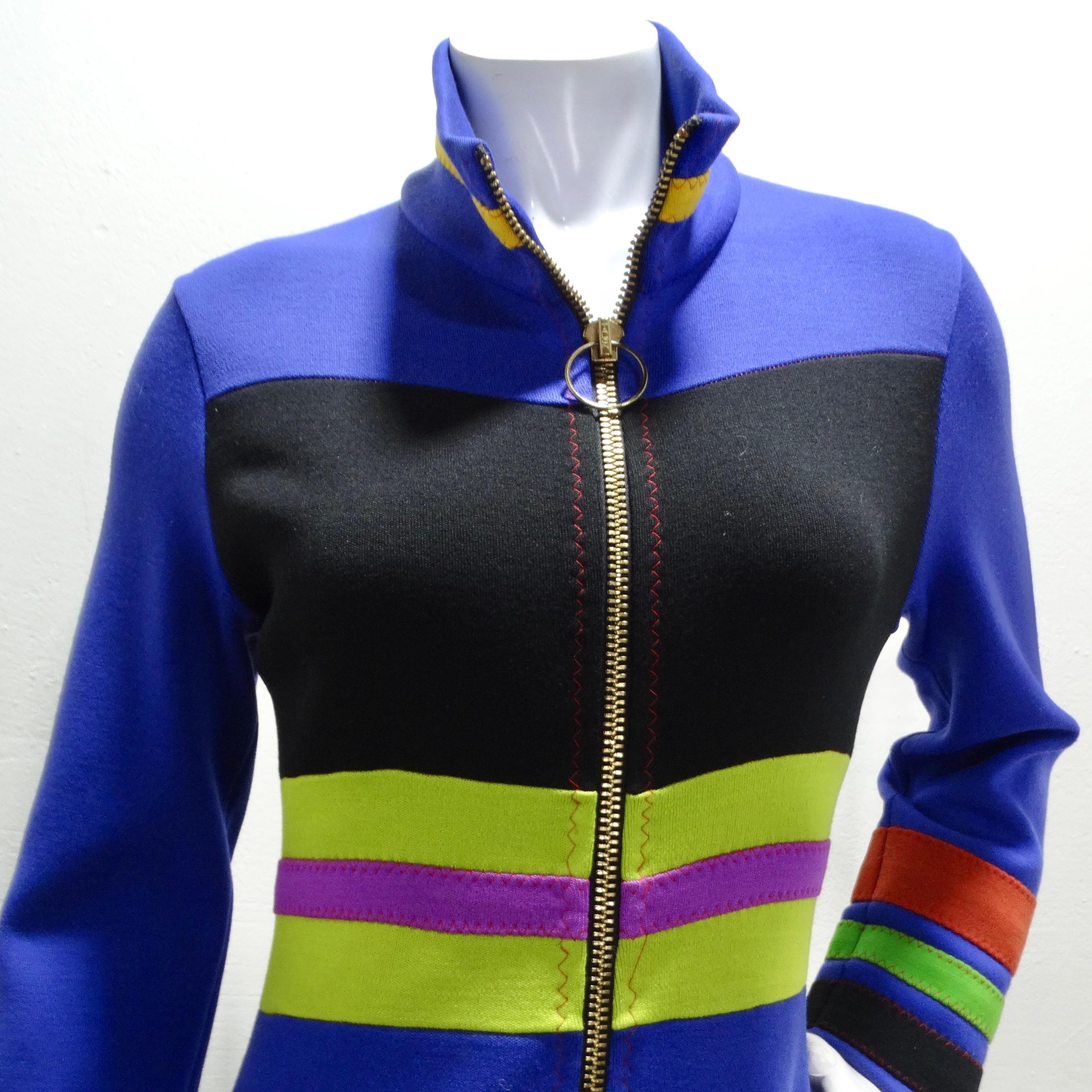 Das 1960er Mod Color Block Jacket Dress von I. Magnin ist ein einzigartiges und besonderes Stück, das den kühnen und verspielten Geist dieser Zeit verkörpert. Diese mittellange Jacke kann mit einem Reißverschluss auch als hübsches Kleid getragen
