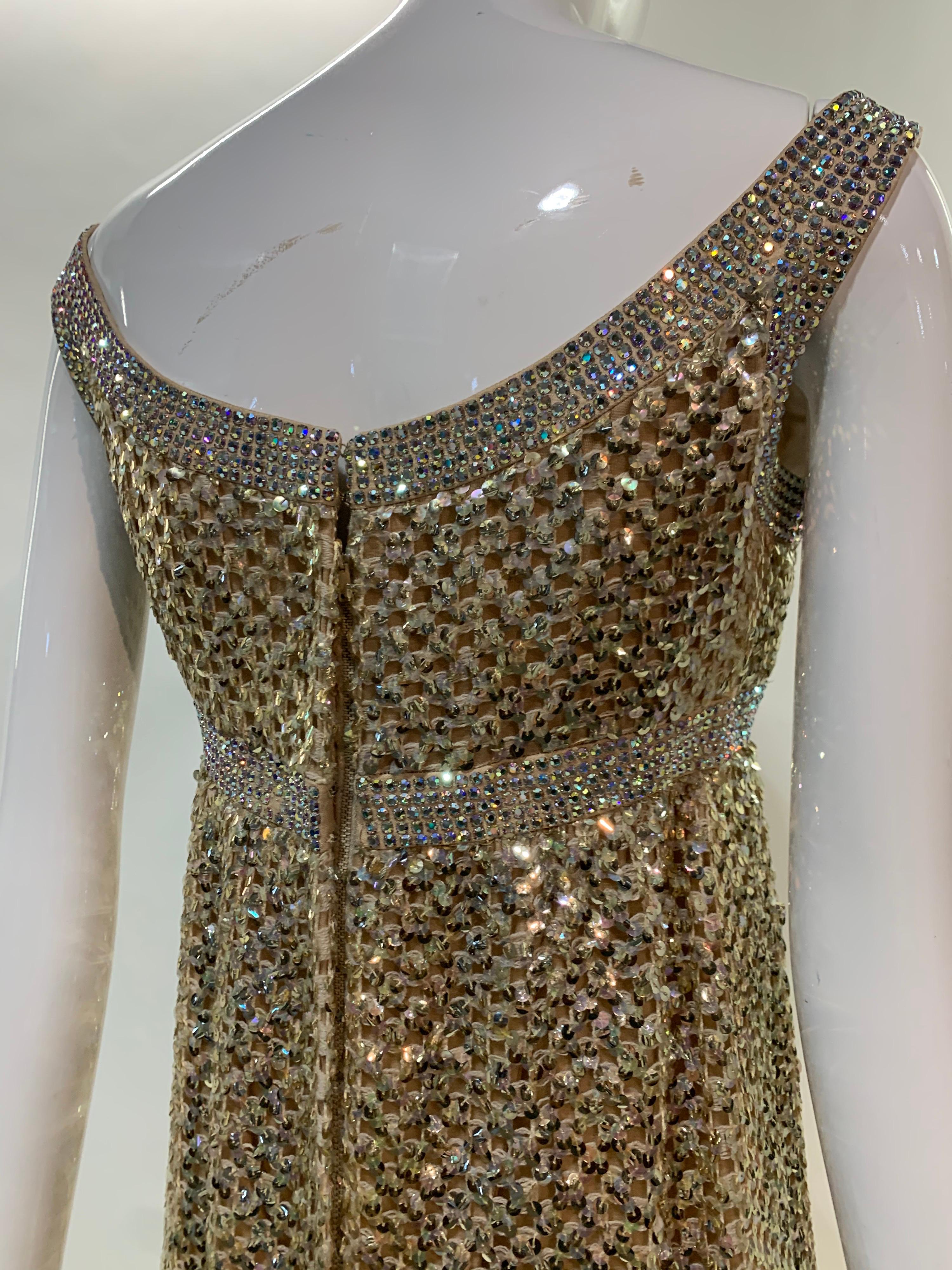 1960s Mod Empire Waist Gown in Gold Sequin Lattice and Iridescent Rhinestones For Sale 4