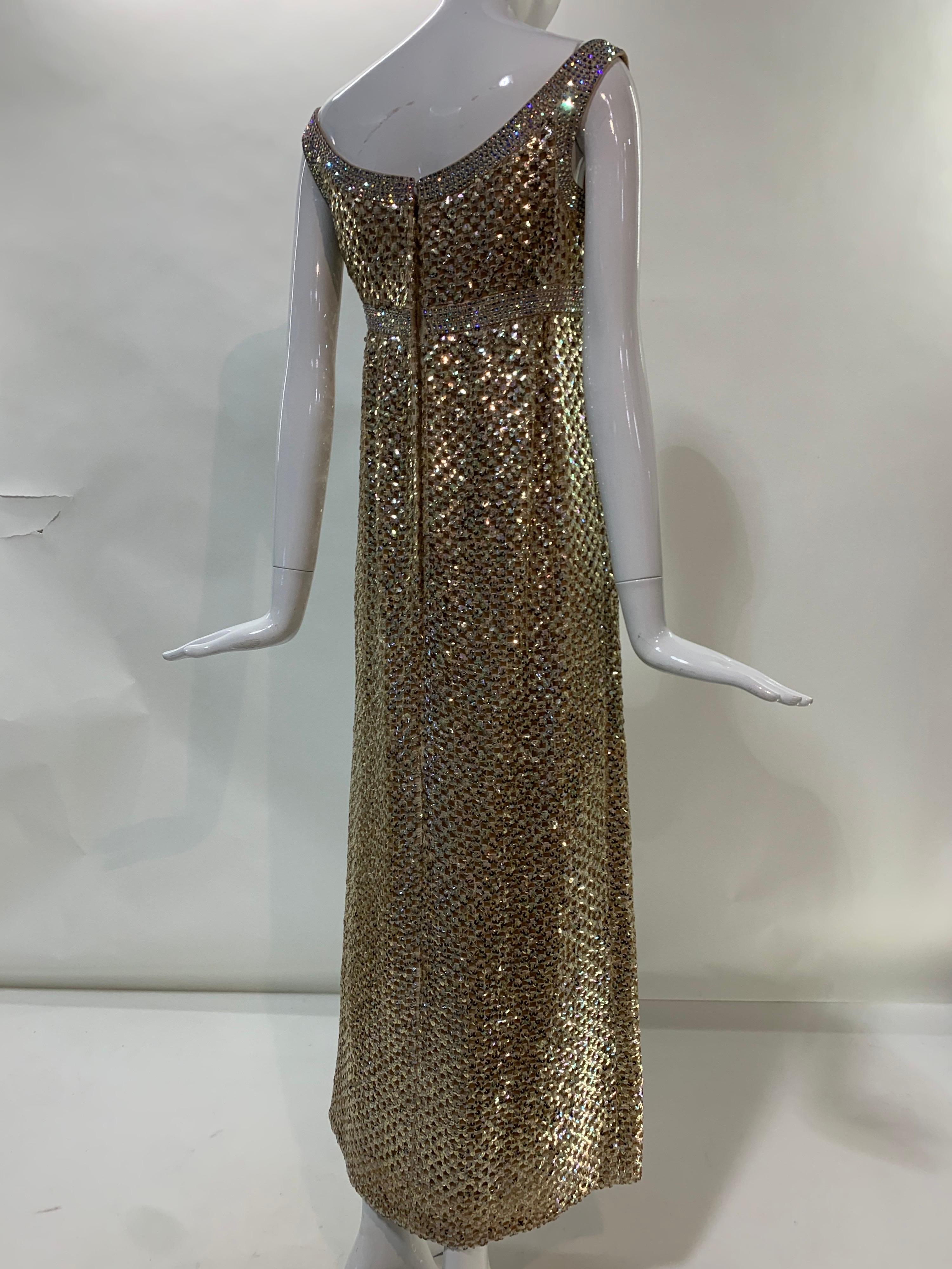 1960s Mod Empire Waist Gown in Gold Sequin Lattice and Iridescent Rhinestones For Sale 5