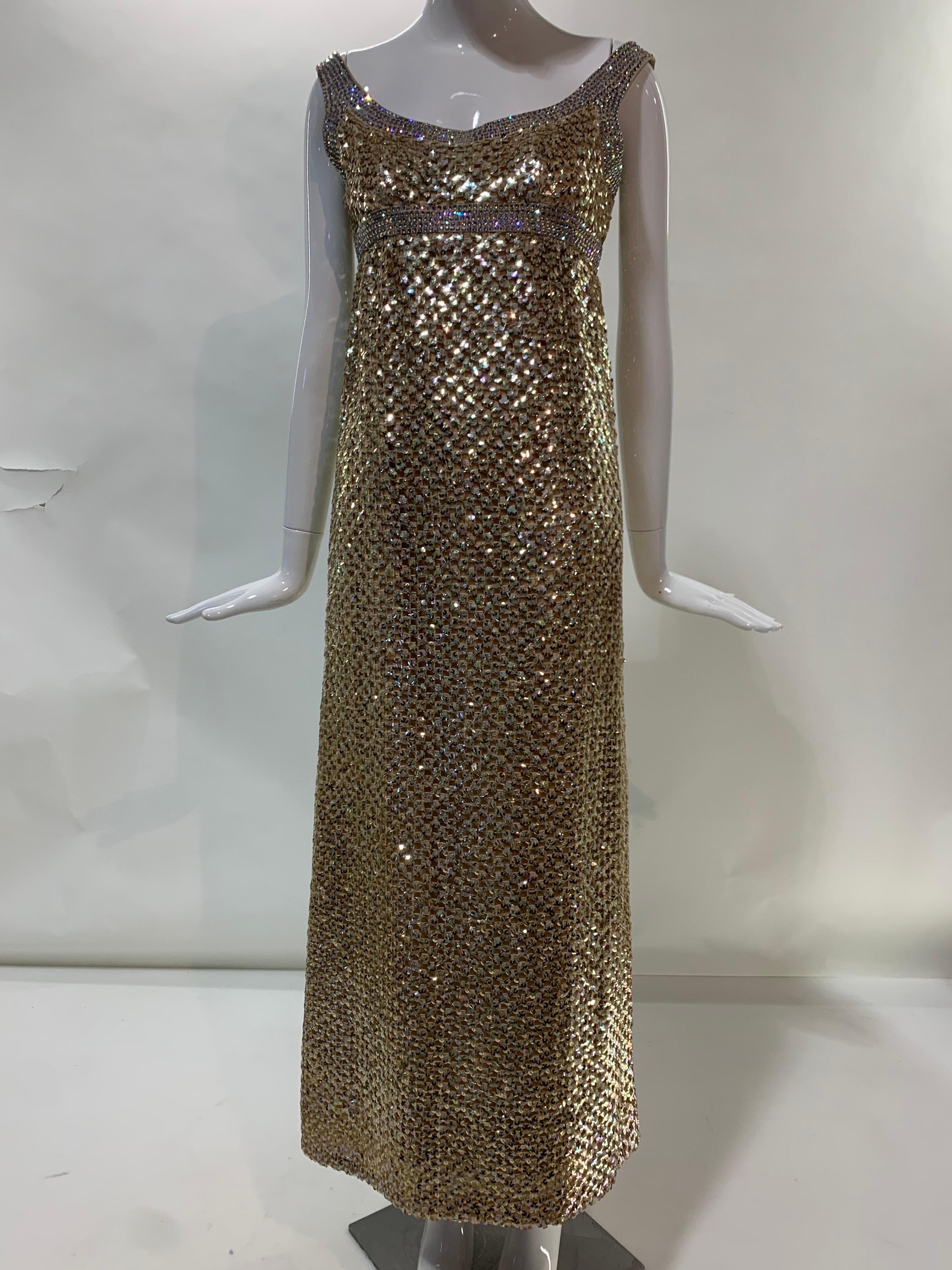 1960er Jahre Mod Empire Taille Kleid in Gold Pailletten Gitter und schillernden Strasssteinen im Angebot 10