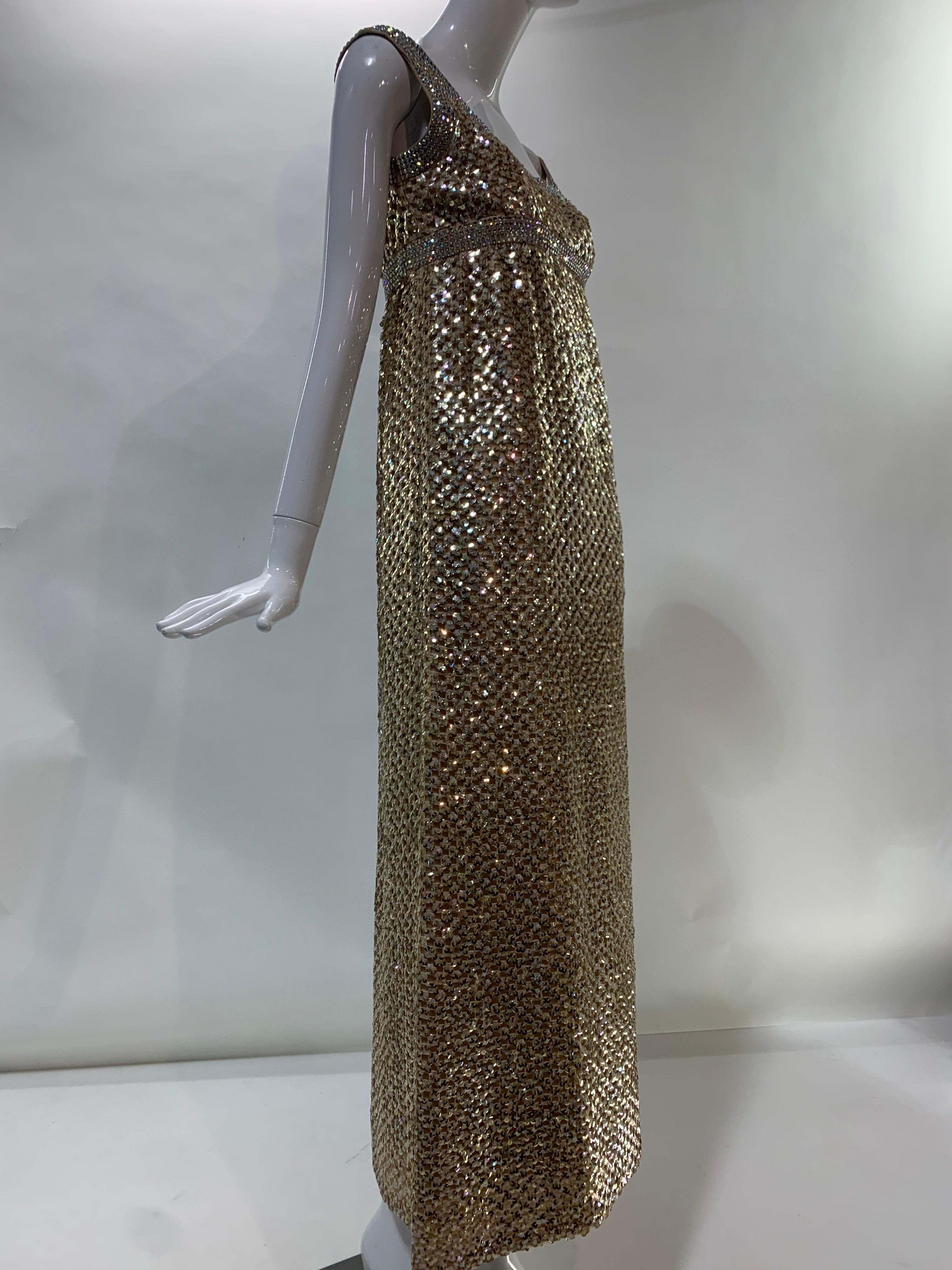 1960s Mod Empire Waist Gown in Gold Sequin Lattice and Iridescent Rhinestones For Sale 2