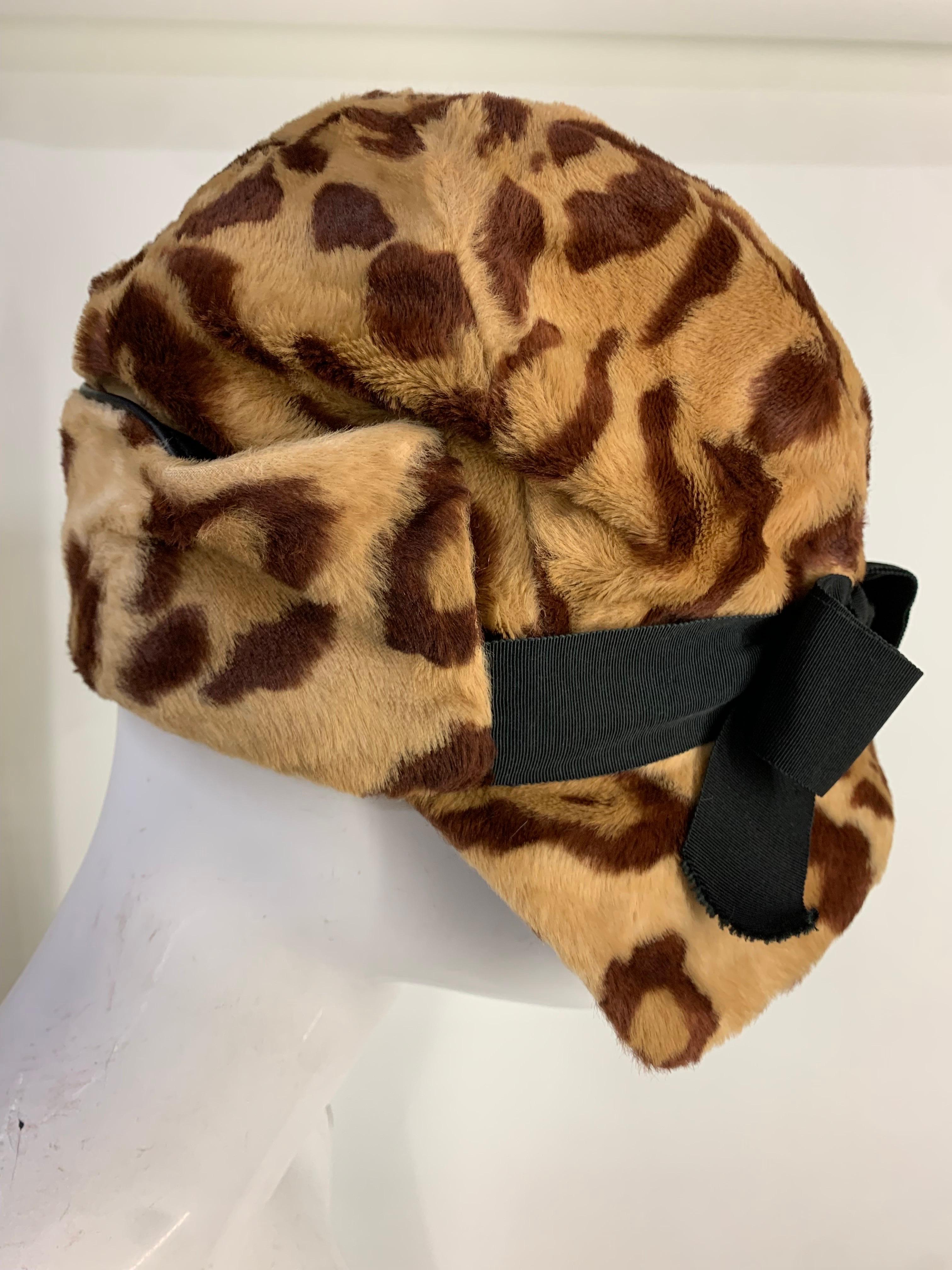 Women's 1960s Mod Faux Leopard Billed Cap with Grosgrain Bow & Vinyl Piping Trim For Sale