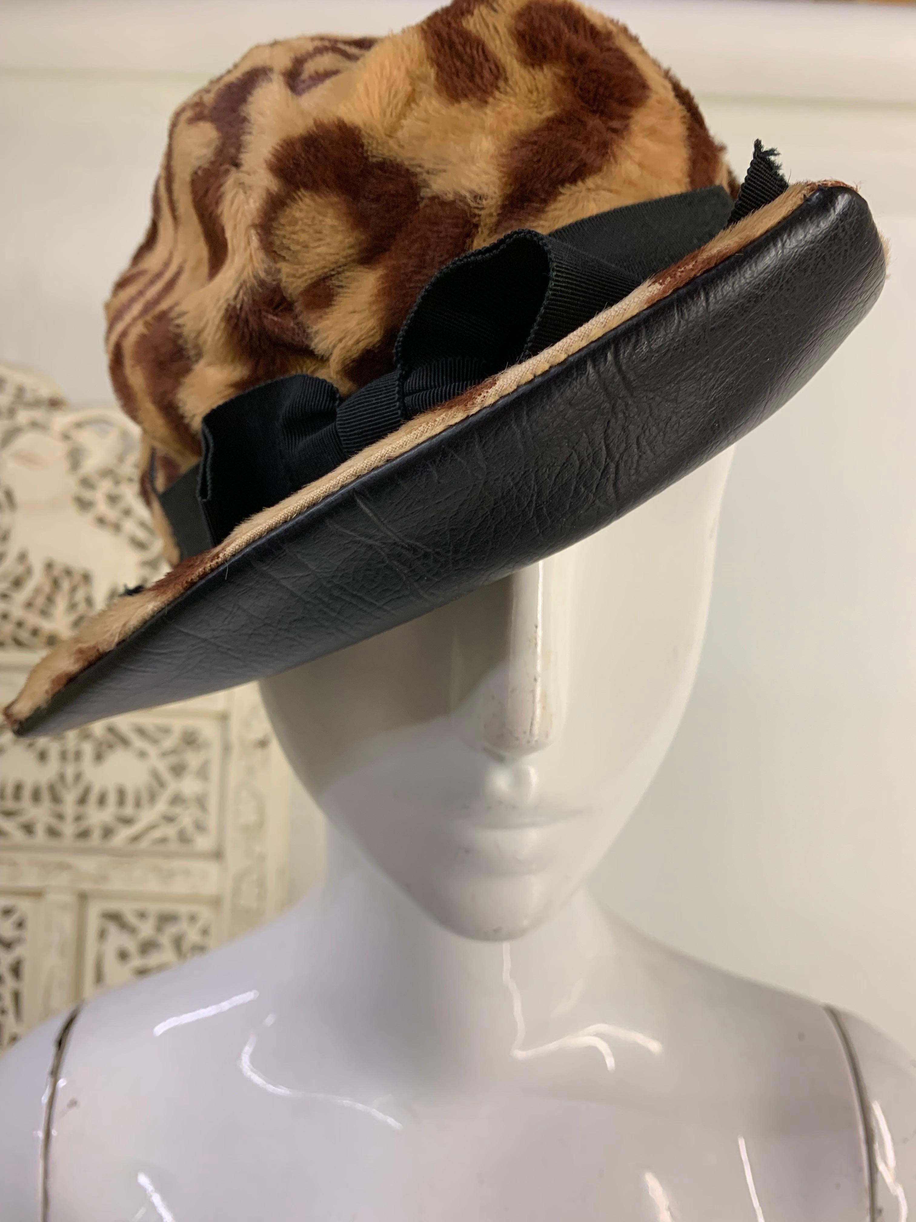 1960s Mod Faux Leopard Billed Cap with Grosgrain Bow & Vinyl Piping Trim For Sale 1