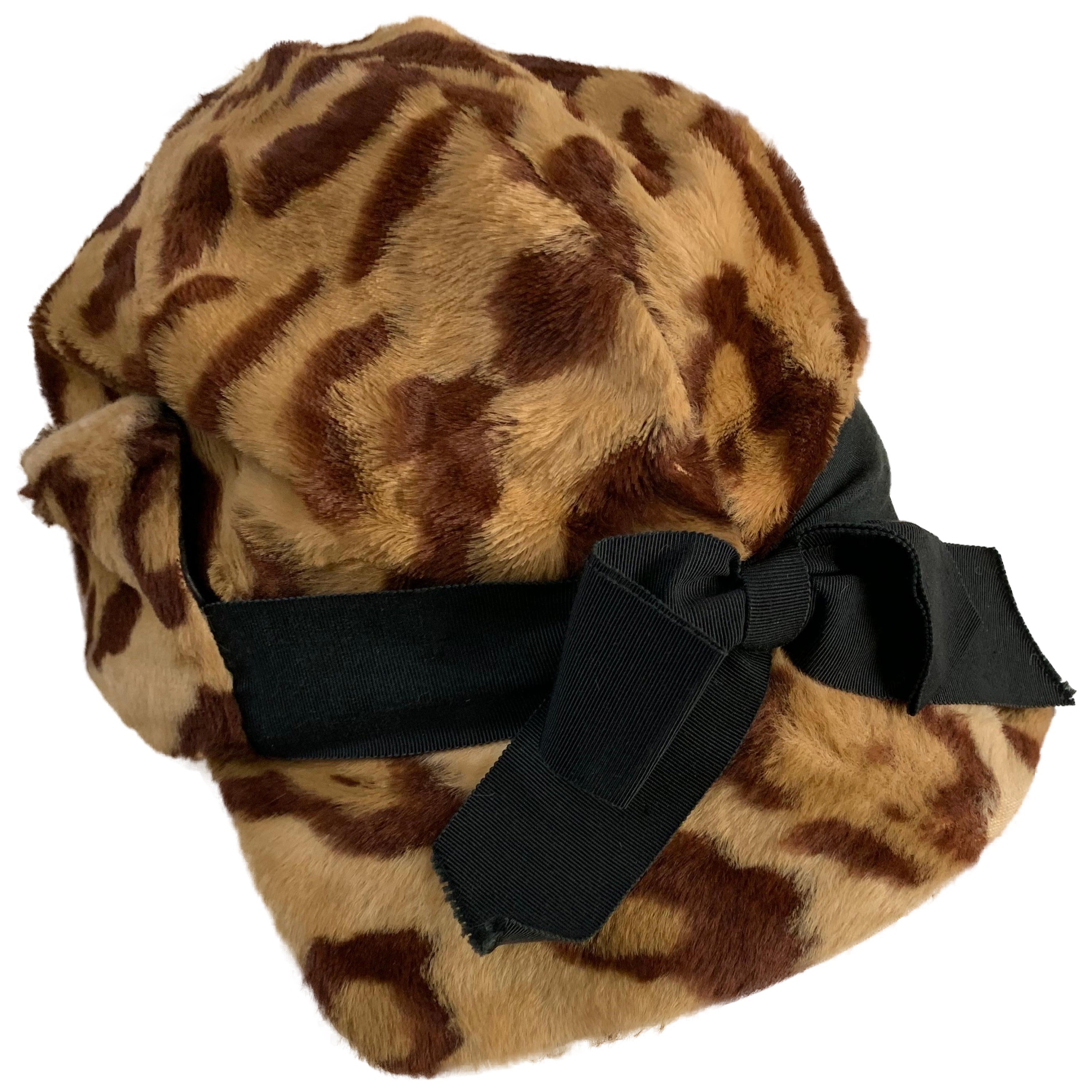 1960's Mod Faux Leopard Billed Cap with Grosgrain Bow & Vinyl Piping Trim