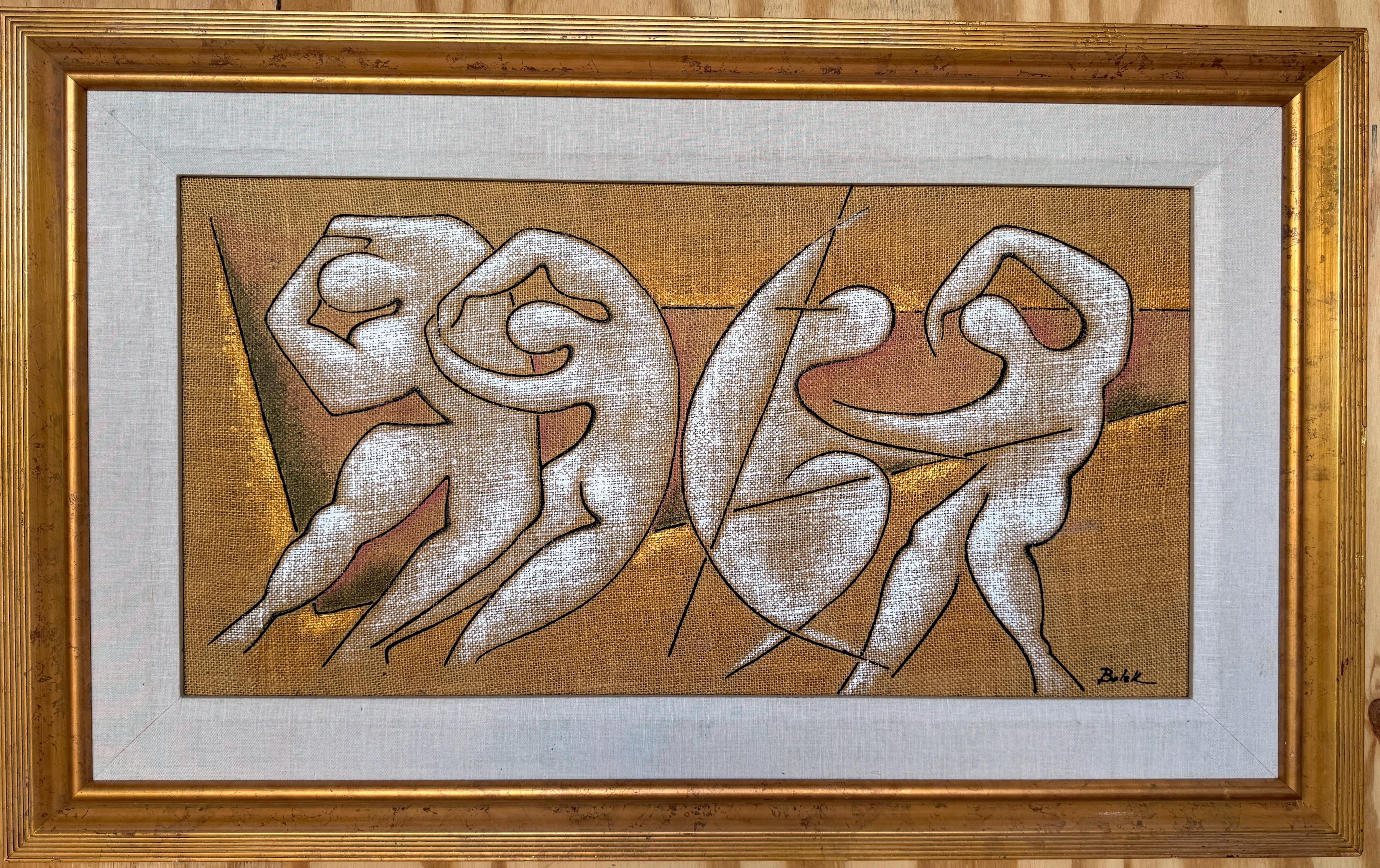 1960s Mod figural Batik on Burlap, signed 'Bolek', Retailed by Harris Strong 

A masterwork of 1960s Mod art with this striking Figural Batik on Burlap, signed 'Bolek',  retailed by Harris Strong. Measuring 33 inches in width and 17.75 inches in