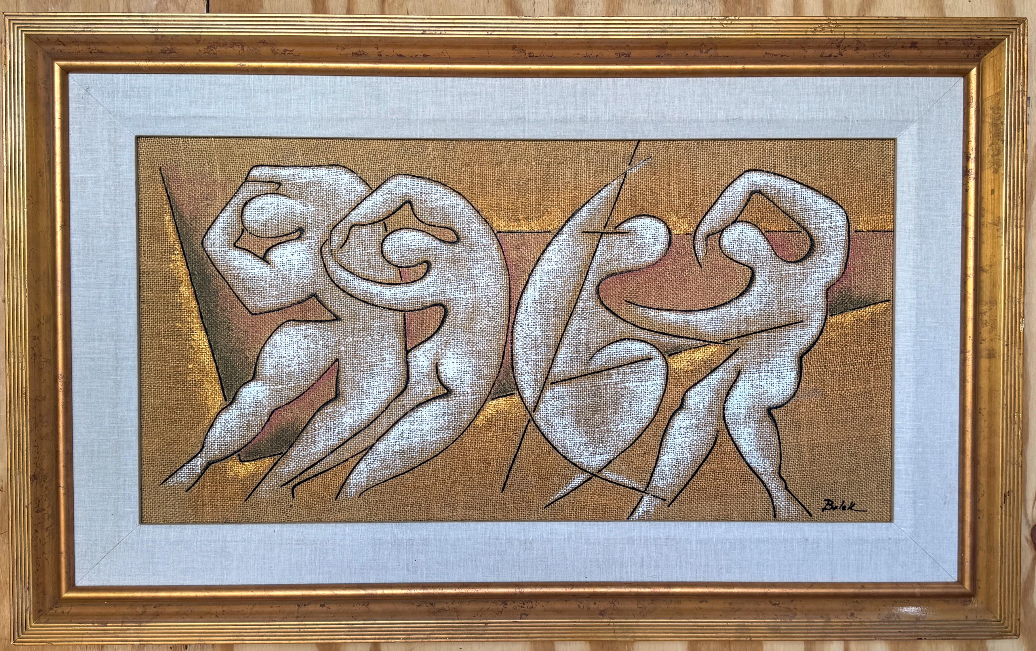 Hand-Painted 1960s Mod figural Batik on Burlap, signed 'Bolek', Retailed by Harris Strong 