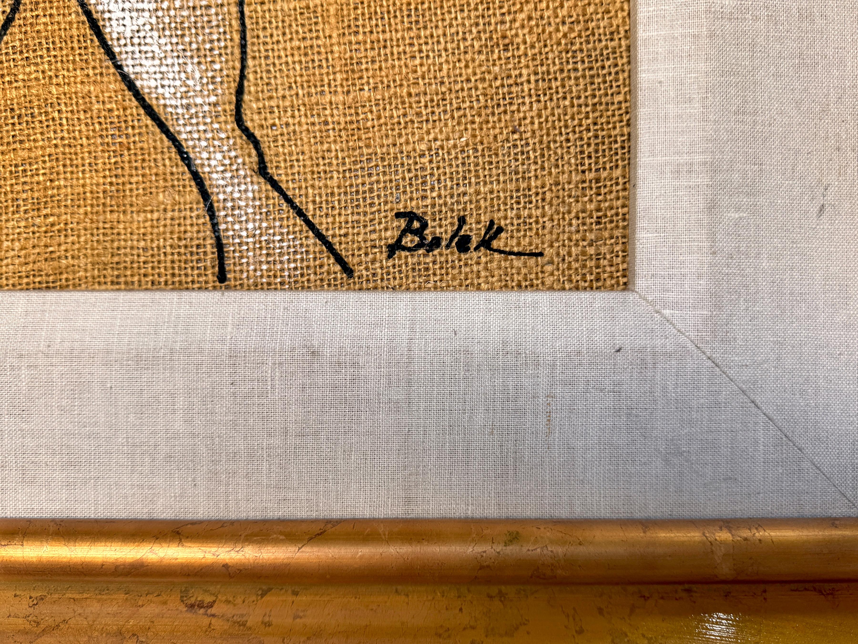 1960s Mod figural Batik on Burlap, signed 'Bolek', Retailed by Harris Strong  In Good Condition In West Palm Beach, FL