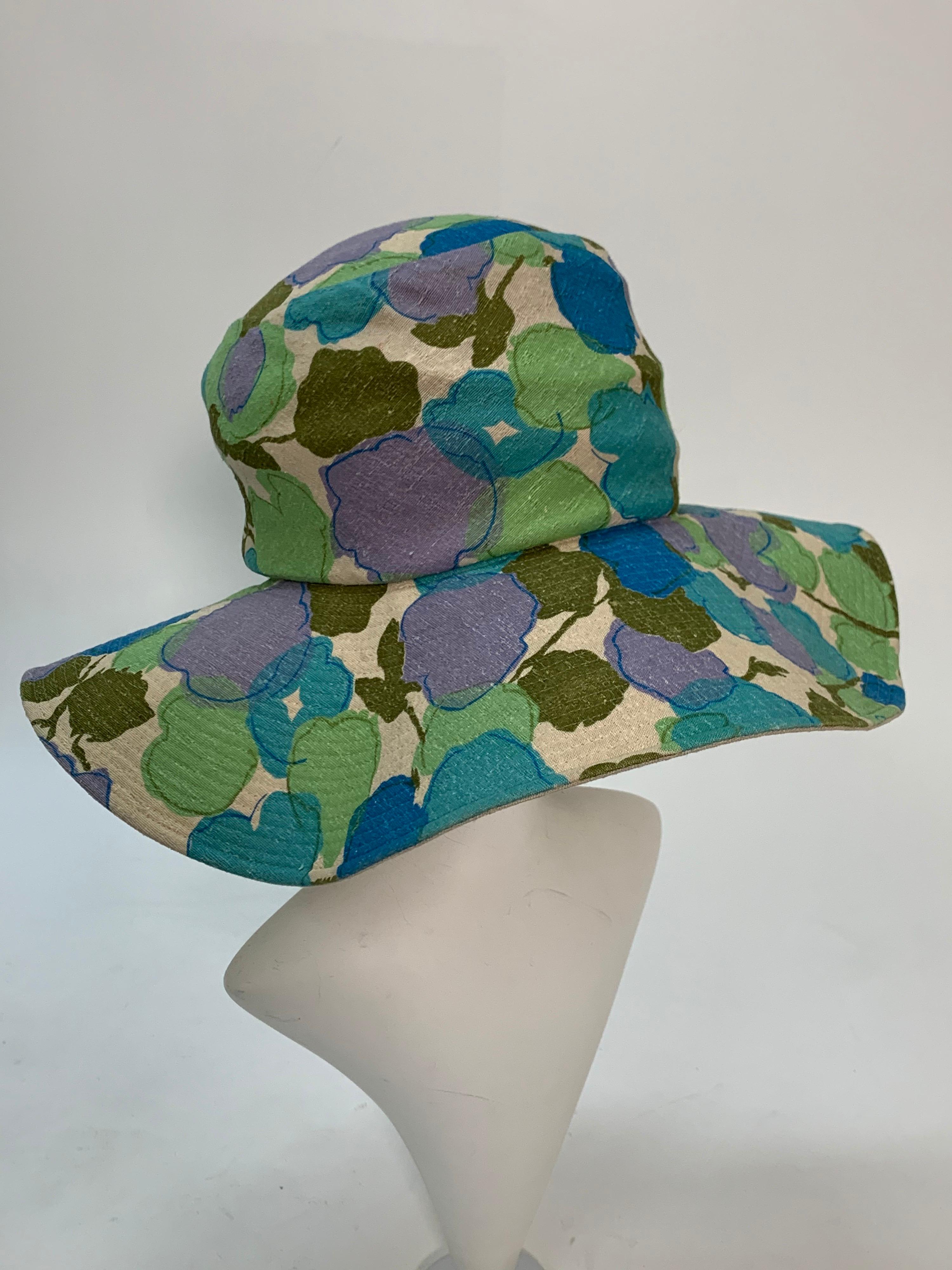 1960s Mod floral hat in mint, purple, aqua and green slubby cotton with wide brim. 