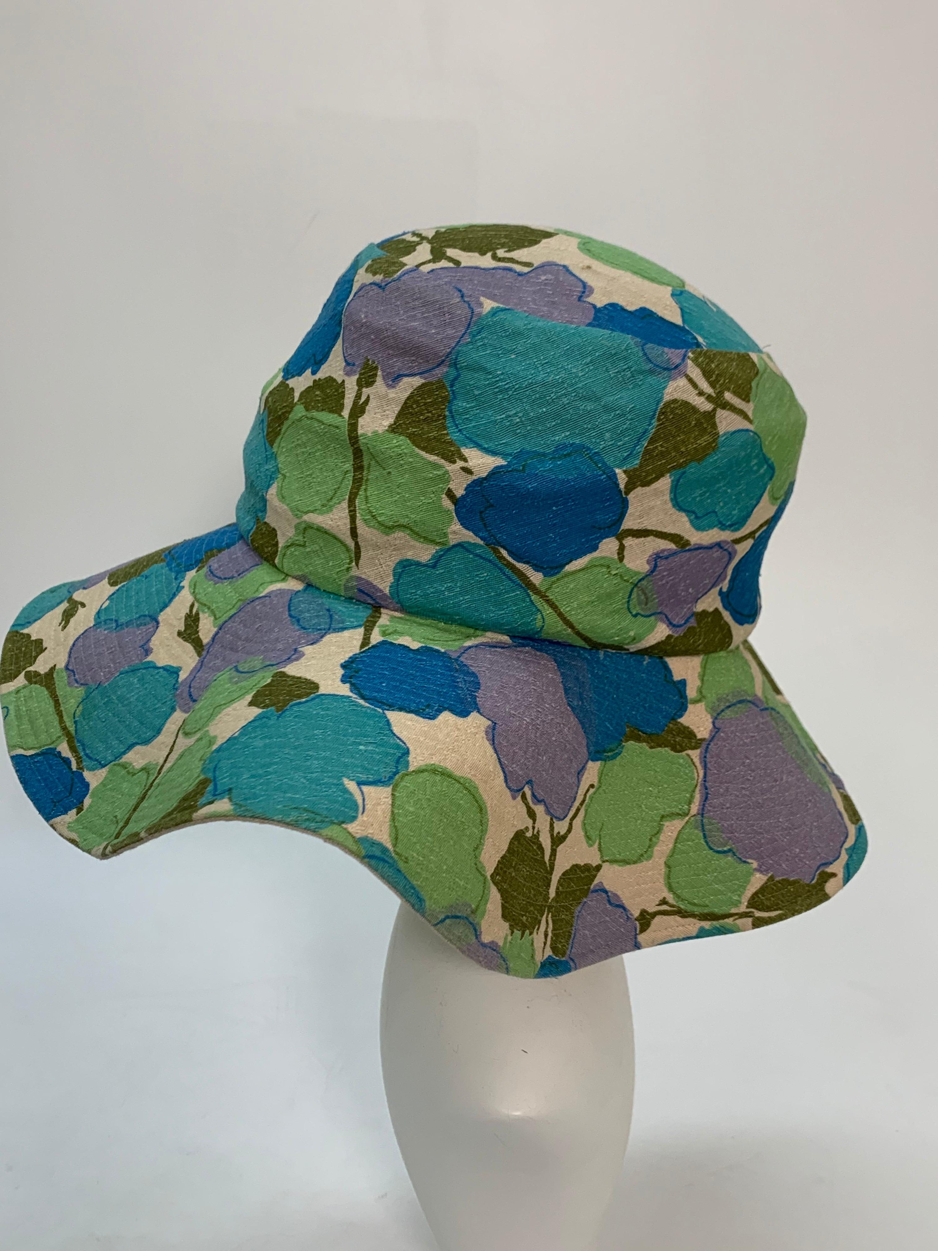 Gray 1960s Mod Floral Print Wide Brim Slubby Cotton Hat For Sale