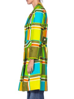 1960'S Lime Green & Orange Cotton Mod Geometric Plaid Print Coat