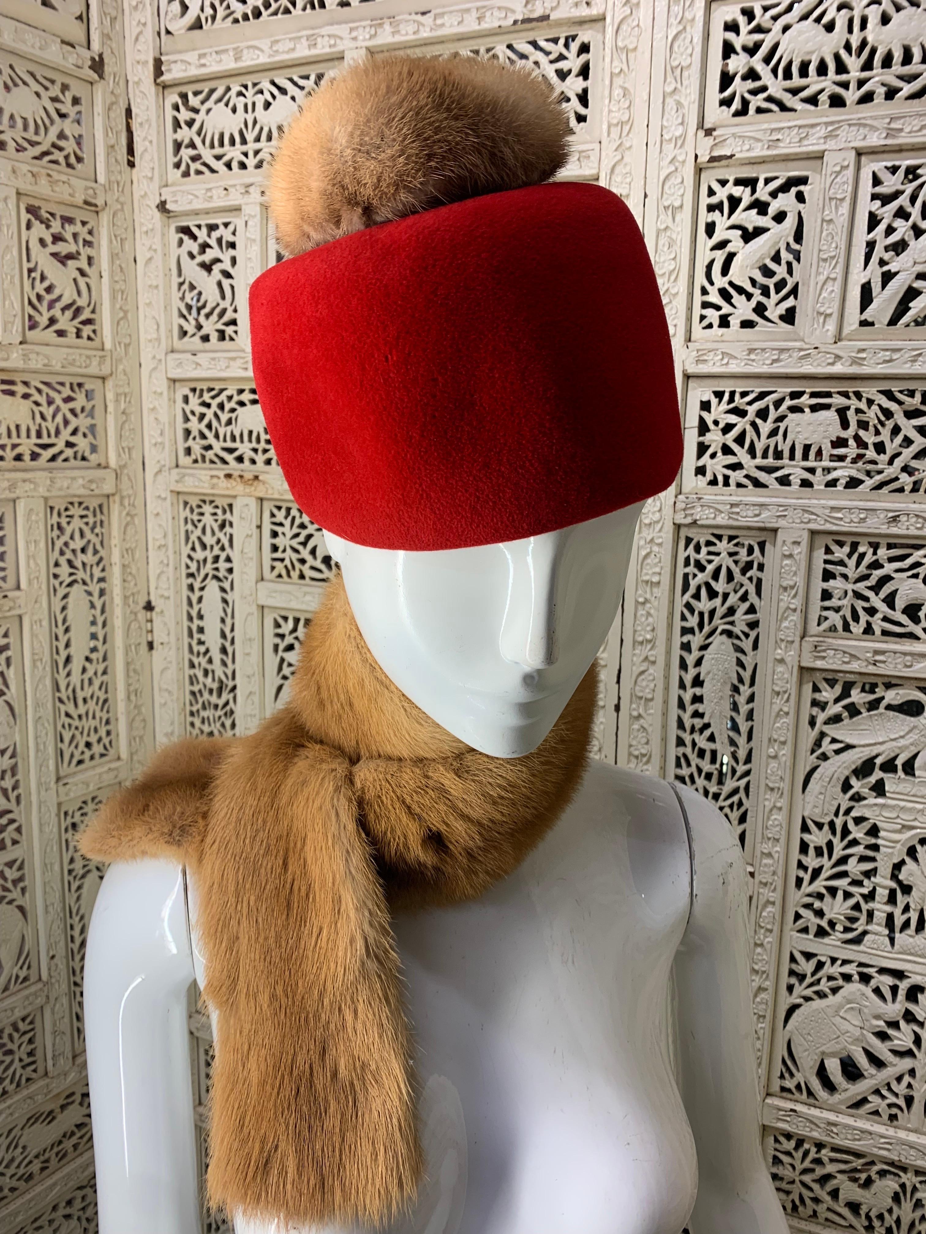 1960s Mod Jan Leslie Red Felt Tall Hat w Fur Pompon & Chanel Mink Scarf Ensemble: This striking Mod set (sold as ensemble) features a fez-style hat, simple and bold with a large mink pompon at top and a genuine Chanel mink neck scarf lined with silk