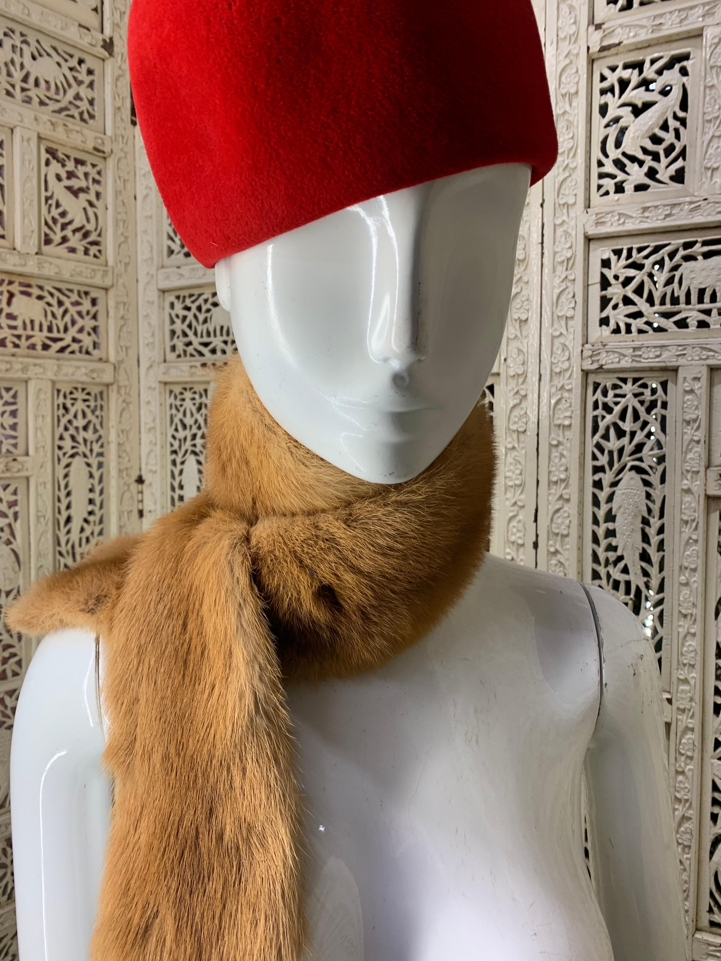 Women's or Men's 1960s Mod Jan Leslie Red Felt Tall Hat w Fur Pompon & Chanel Mink Scarf Ensemble For Sale