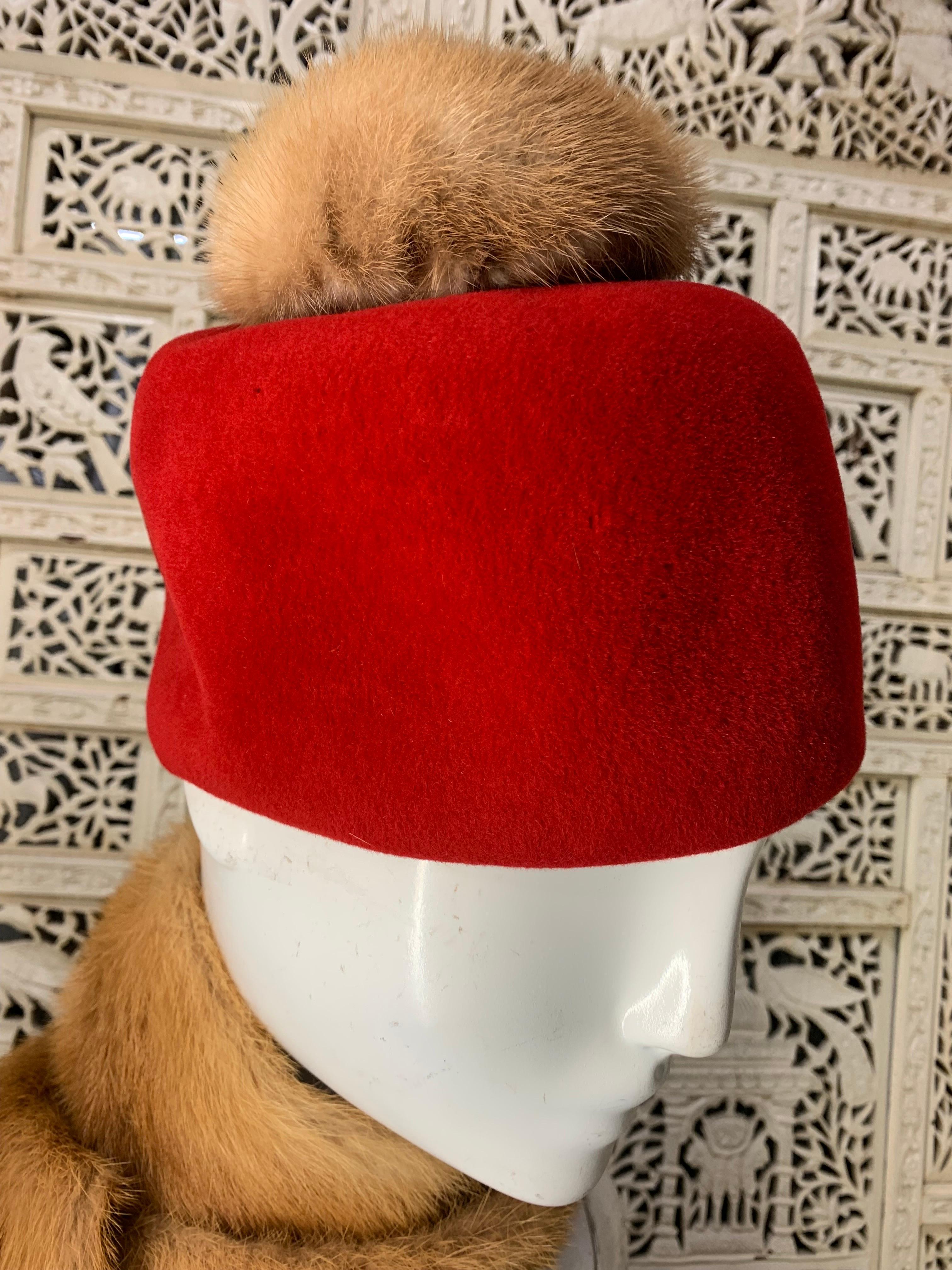 Women's or Men's 1960s Mod Jan Leslie Red Felt Tall Hat w Fur Pompon & Chanel Mink Scarf Ensemble