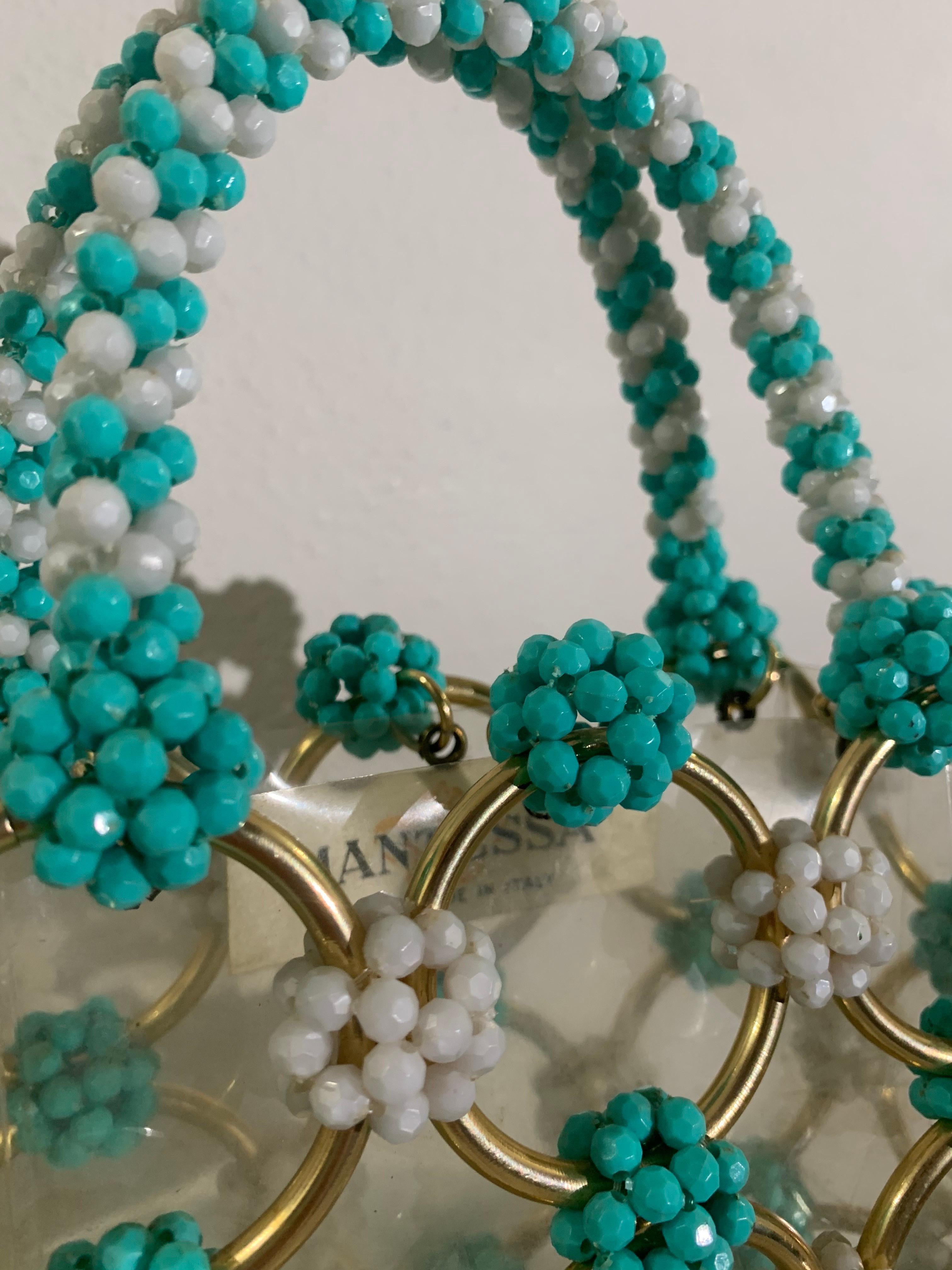 1960s Mod Mantessa Italian Turquoise Beaded Gold Ring & Clear Lucite Mini-Tote For Sale 7