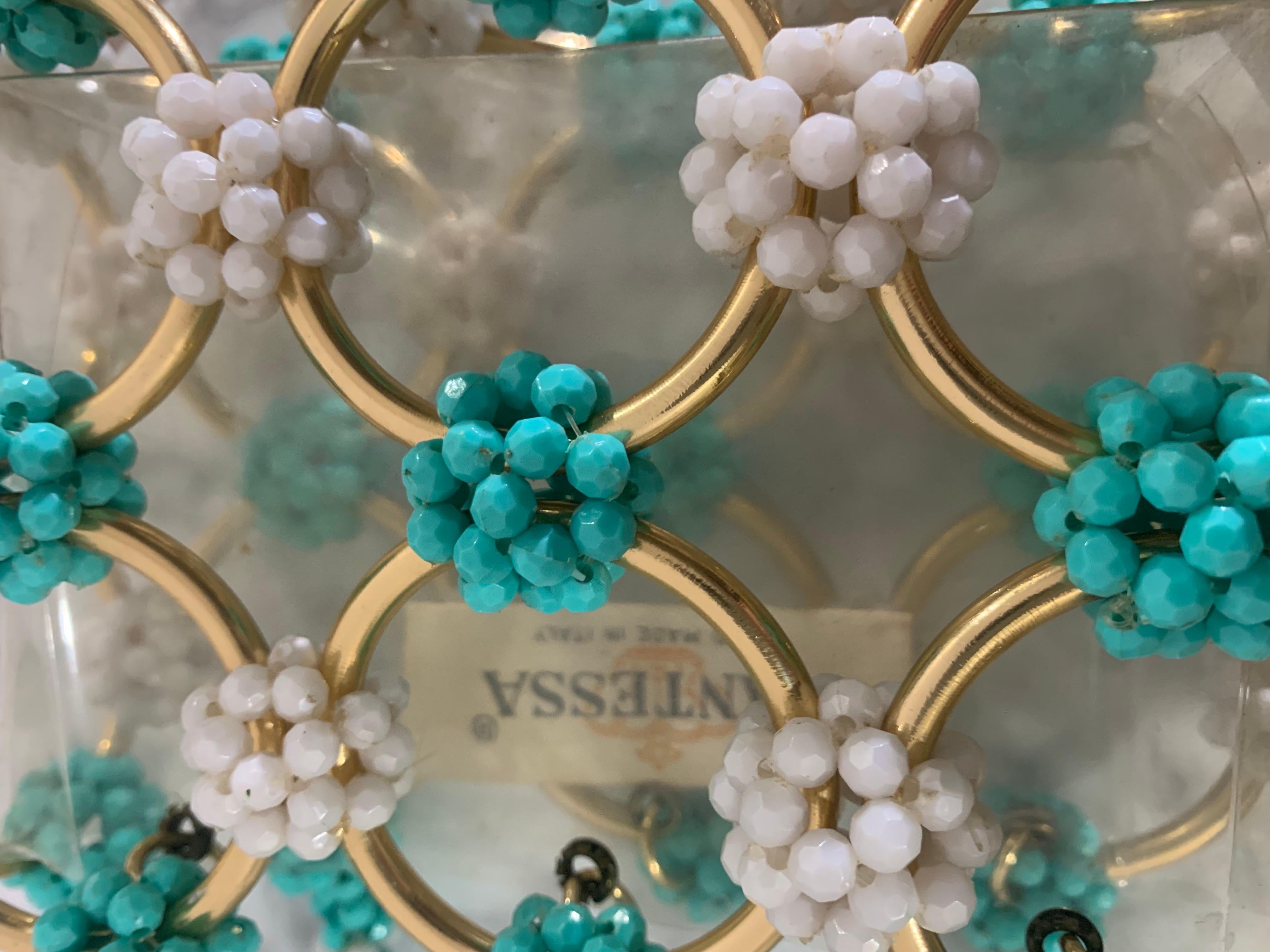 1960s Mod Mantessa Italian Turquoise Beaded Gold Ring & Clear Lucite Mini-Tote For Sale 10