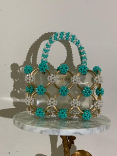 1960s Mod Mantessa Italian Turquoise Beaded Gold Ring & Clear Lucite Mini-Tote