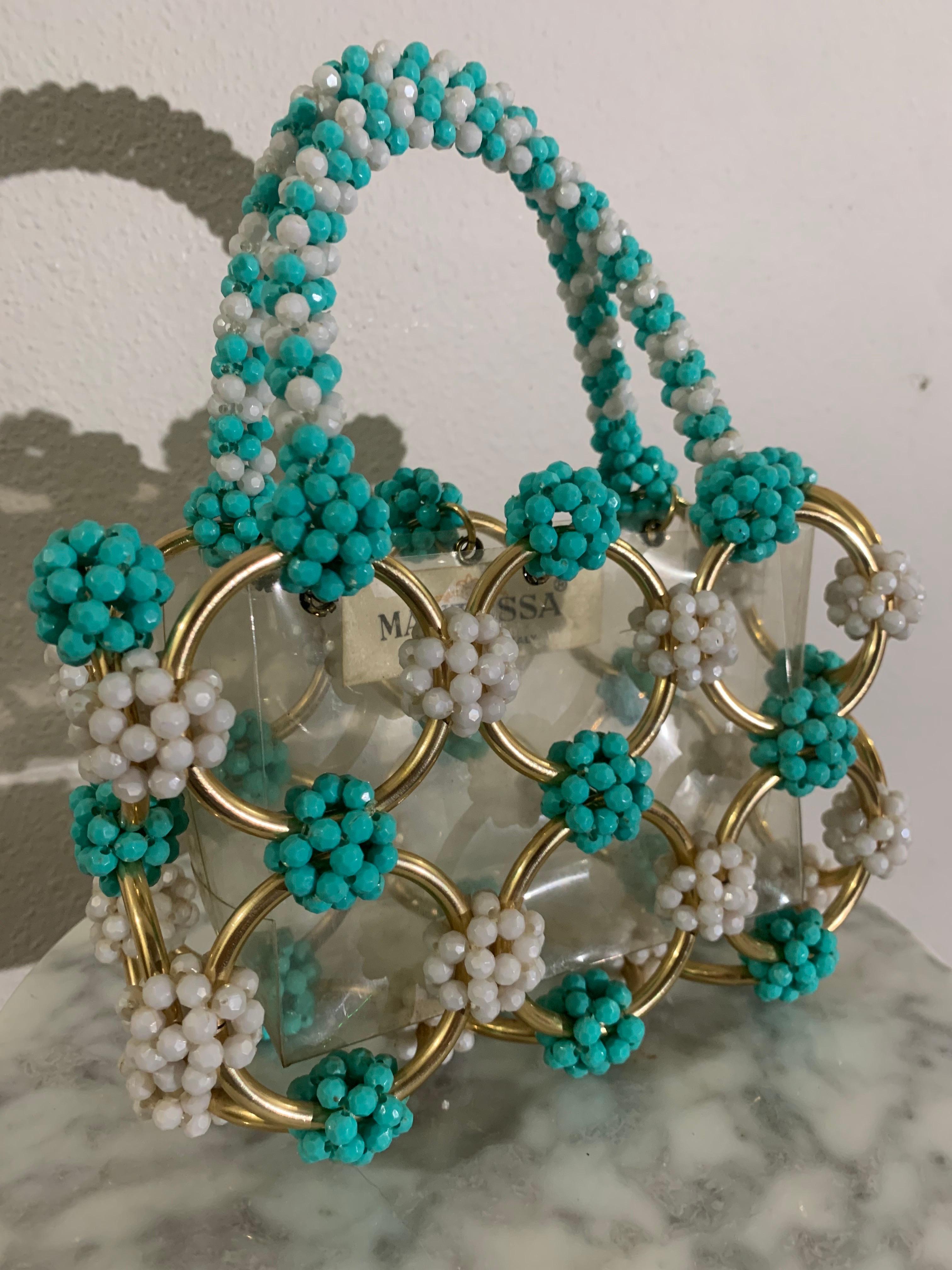 Gray 1960s Mod Mantessa Italian Turquoise Beaded Gold Ring & Clear Lucite Mini-Tote For Sale