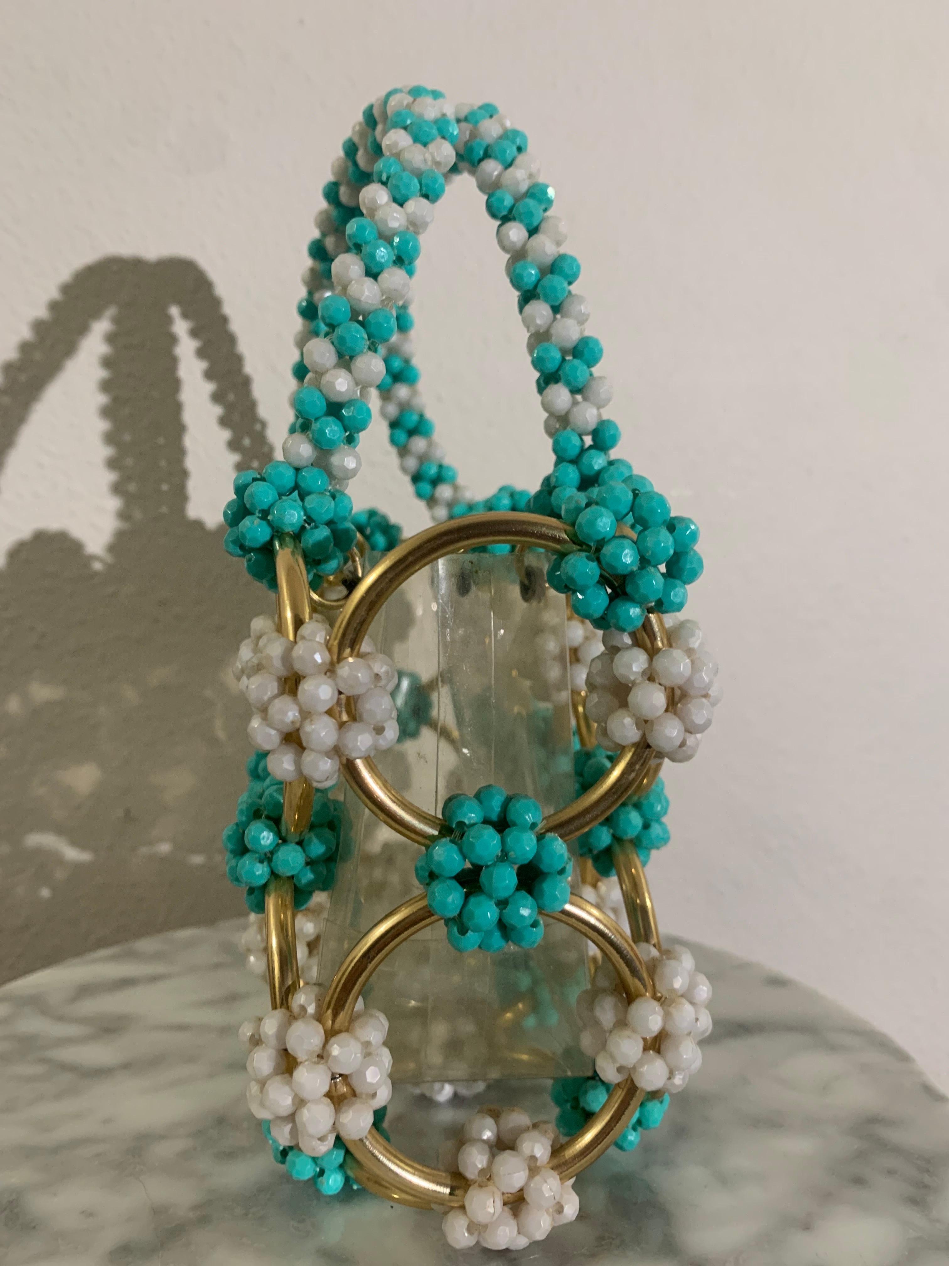 1960s Mod Mantessa Italian Turquoise Beaded Gold Ring & Clear Lucite Mini-Tote In Excellent Condition For Sale In Gresham, OR