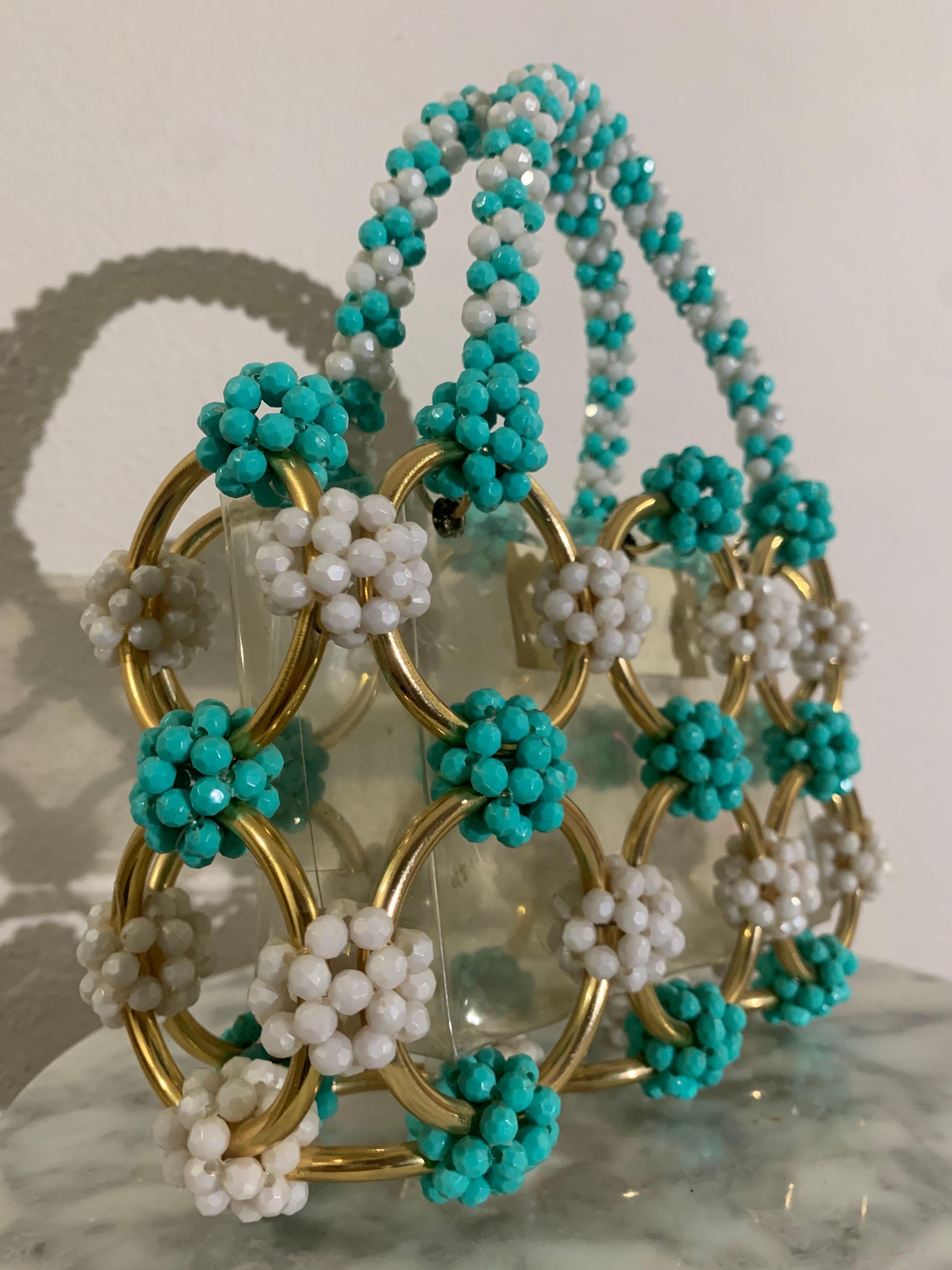 1960s Mod Mantessa Italian Turquoise Beaded Gold Ring & Clear Lucite Mini-Tote For Sale 1