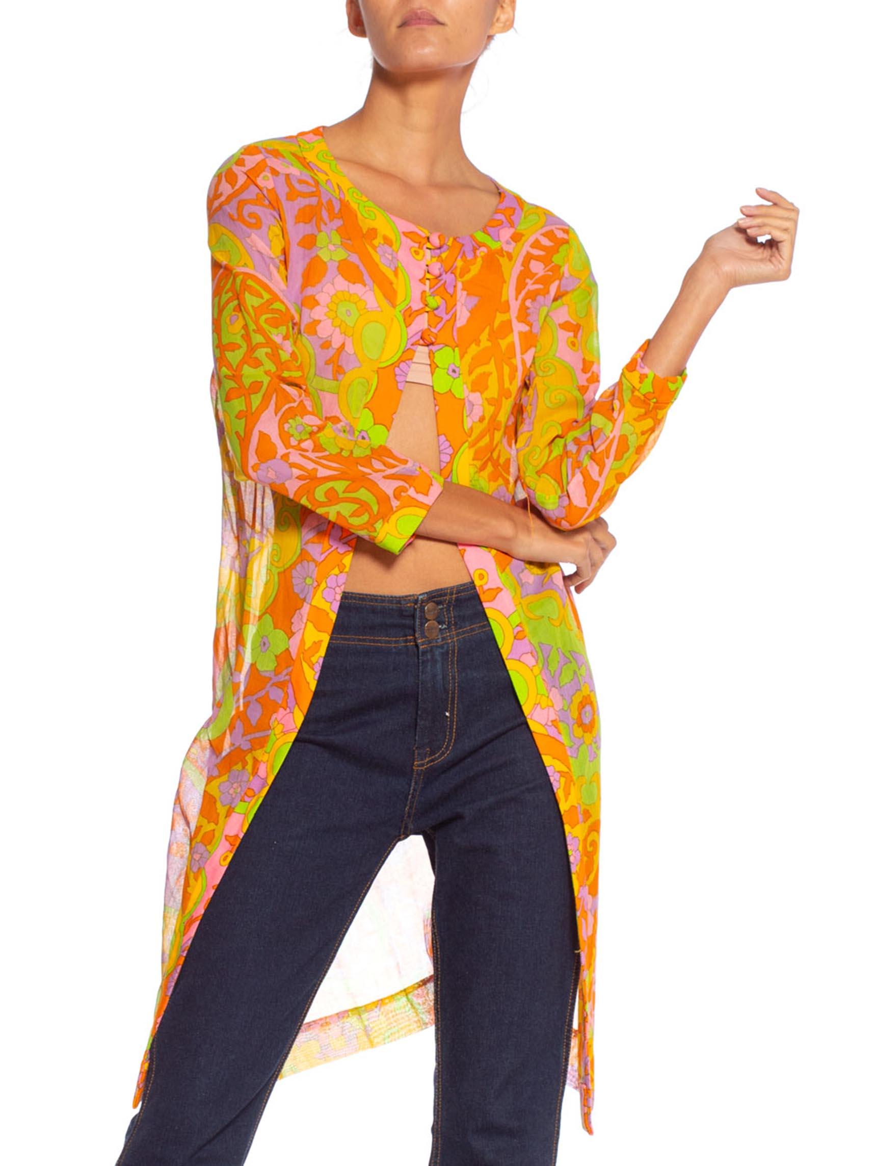 1960S Lime Green & Orange Cotton Voile Mod Psychedelic Floral Tunic Jacket Top In Excellent Condition In New York, NY