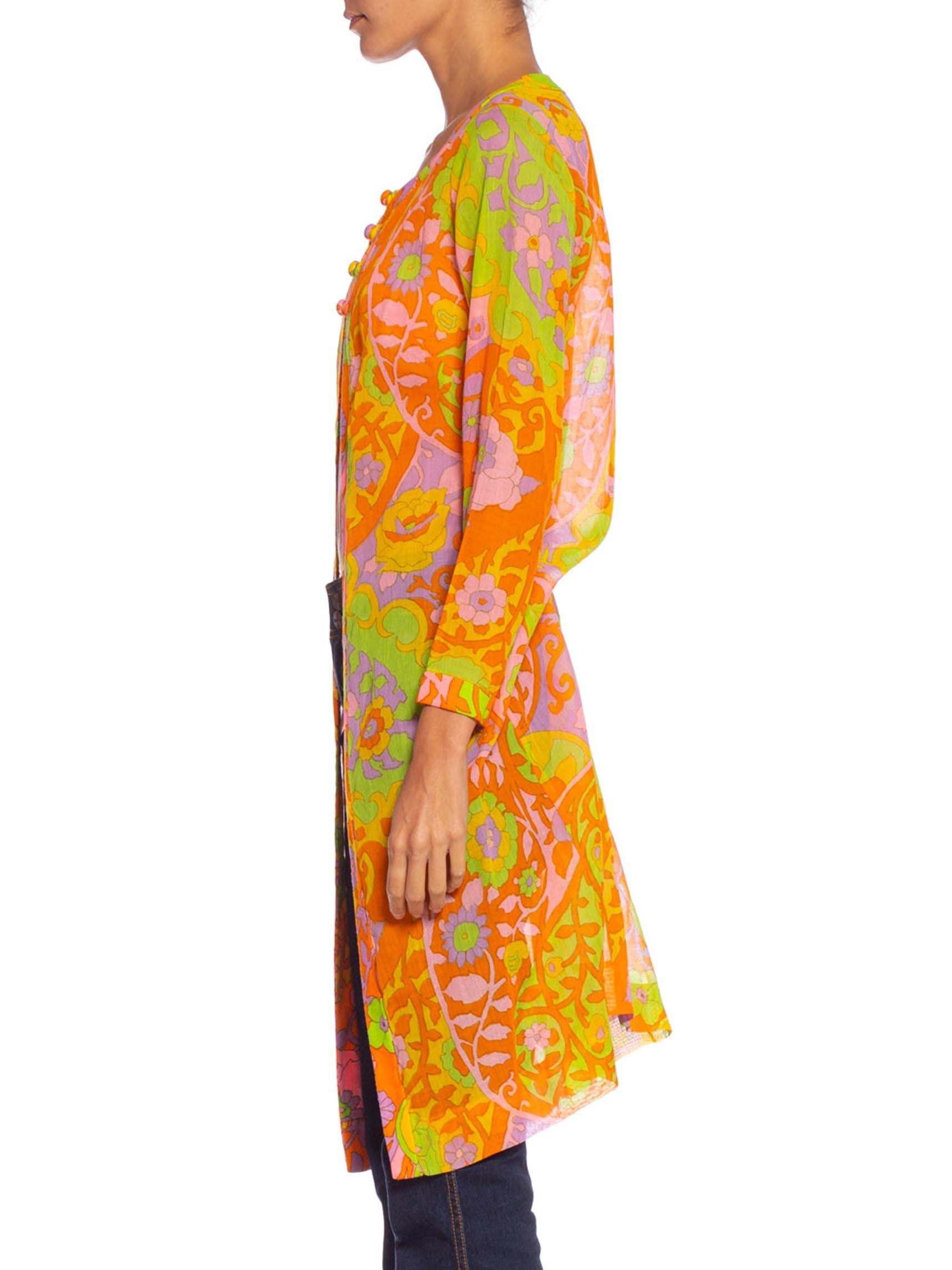 Women's 1960S Lime Green & Orange Cotton Voile Mod Psychedelic Floral Tunic Jacket Top